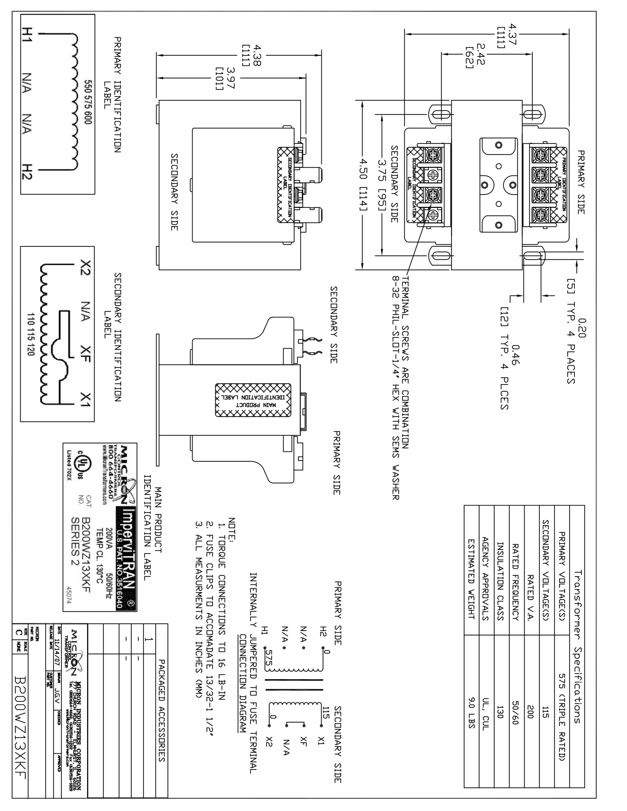 Micron Industries B200WZ13XKF Specification Sheet