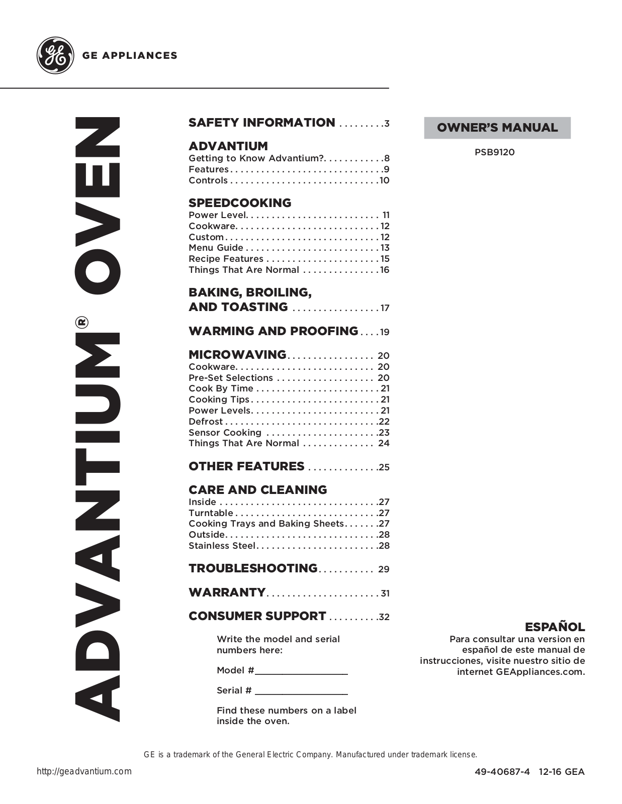 GE PSB9120SF5SS Owner’s Manual