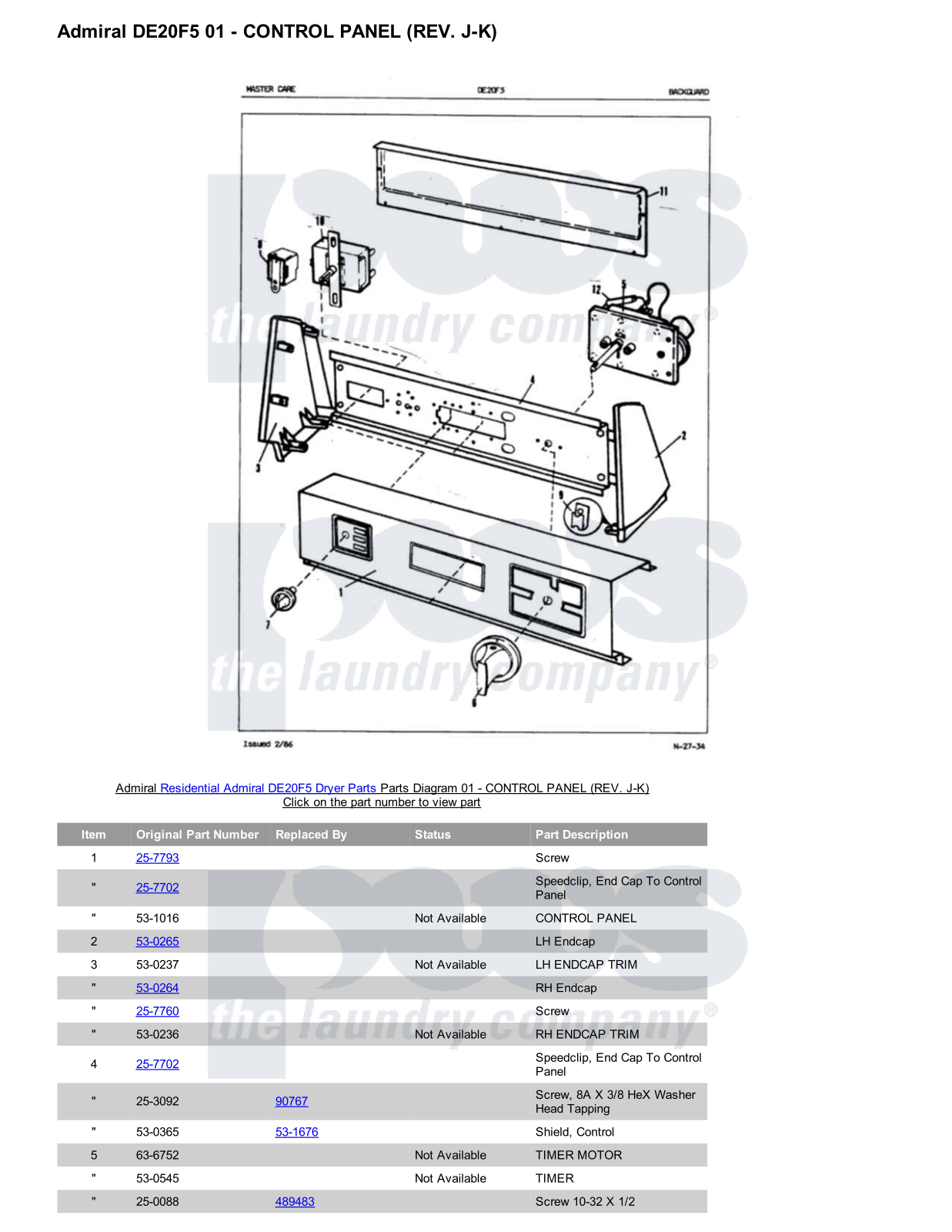 Admiral DE20F5 Parts Diagram