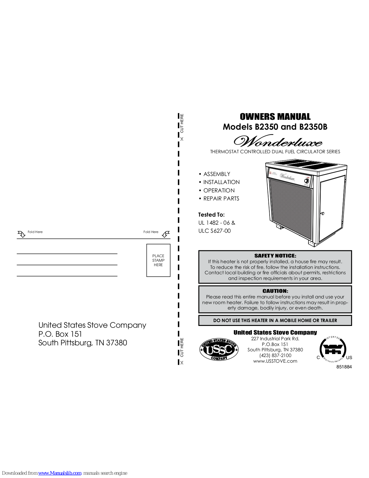 United States Stove Wonderluxe B2350B, Wonderluxe B2350 Owner's Manual