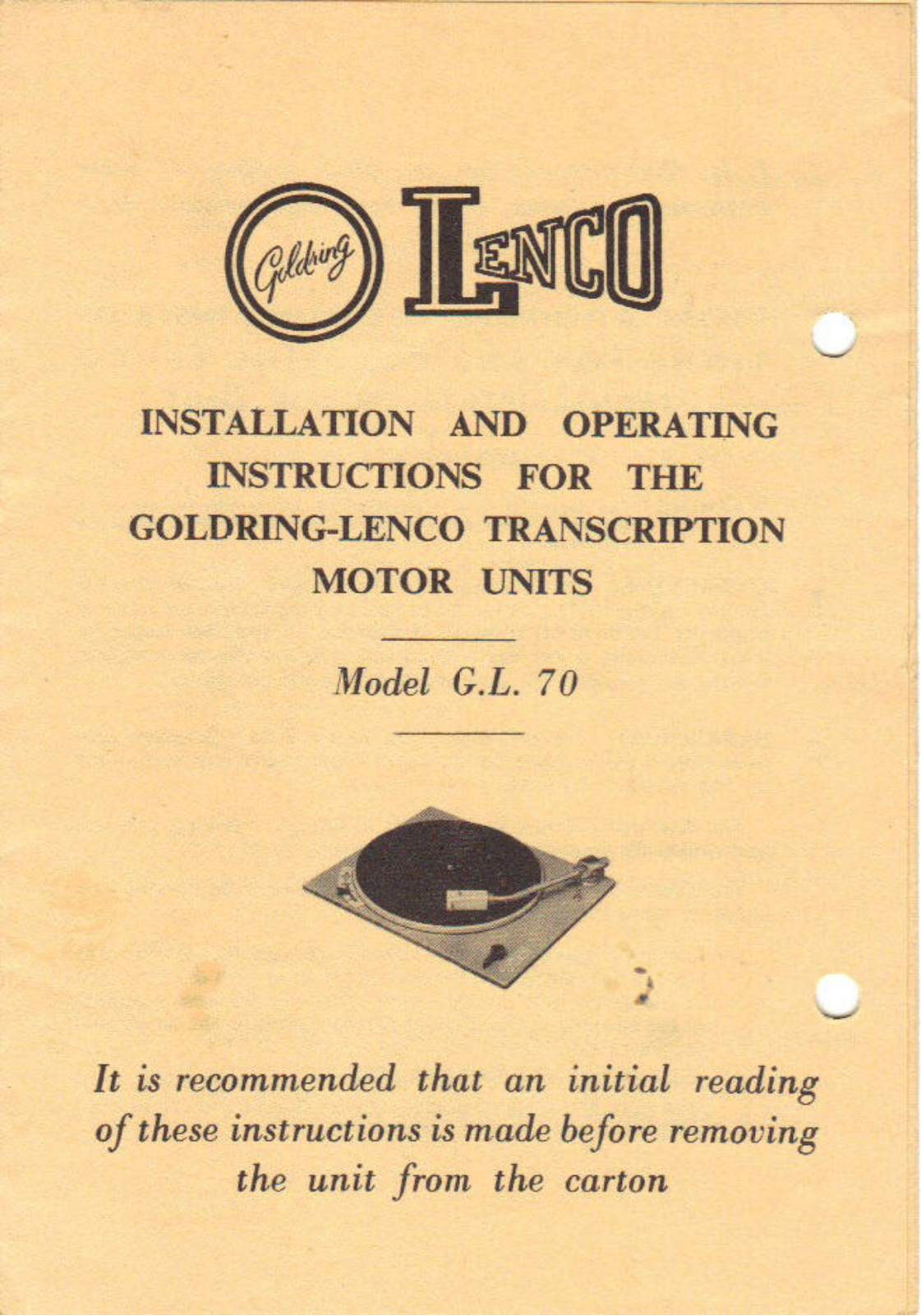 Lenco Goldring-GL70 Owners Manual