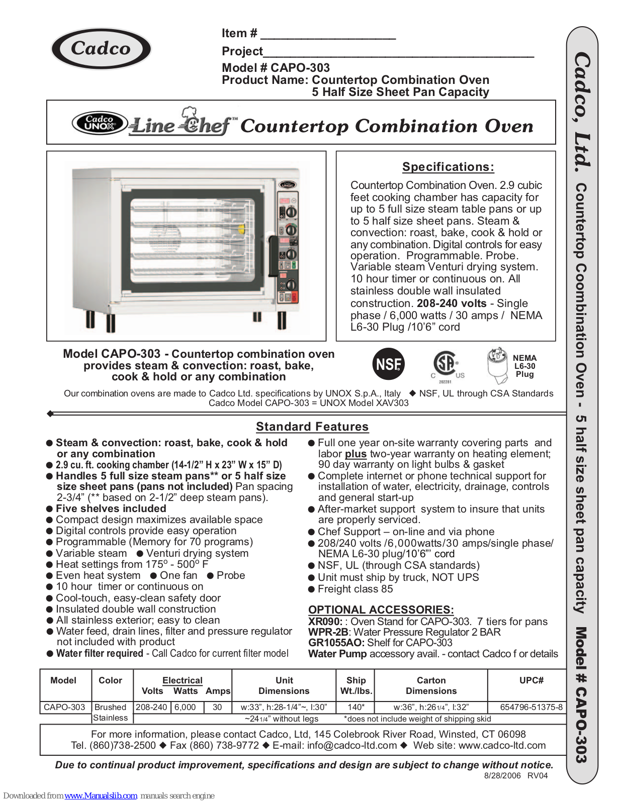 Cadco Line Chef CAPO-303 Specification Sheet - ManualMachine.com