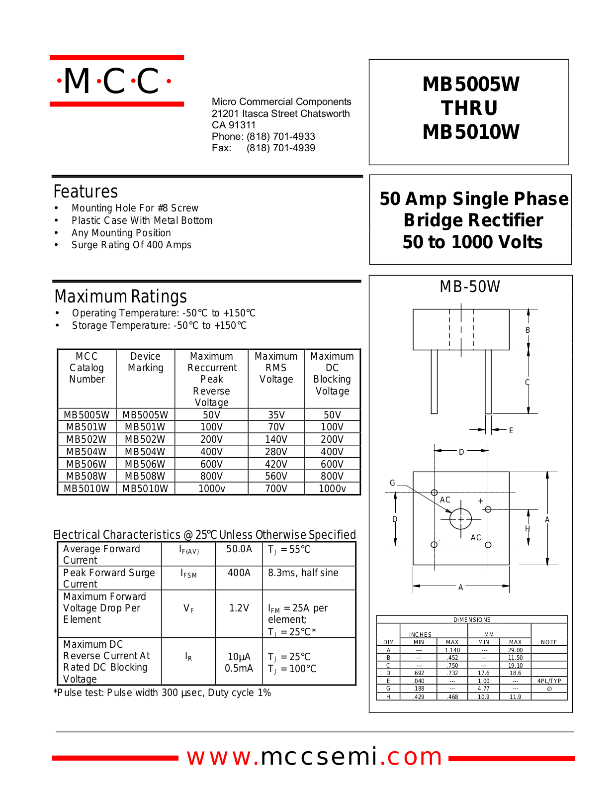 MCC MB5005W Datasheet