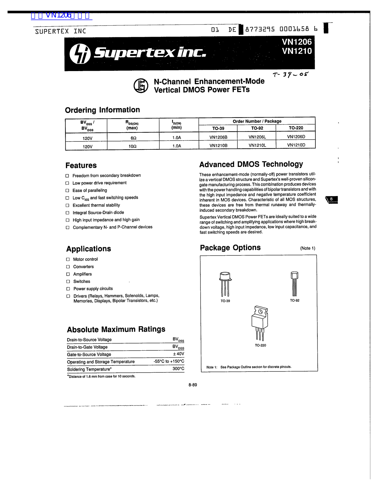 Datasheet VN1206, VN1210 Datasheet (Supertex) - ManualMachine.com