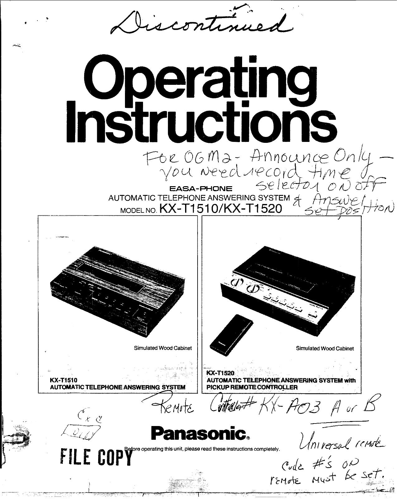 Panasonic KX-T1520, KX-T1510 User Manual