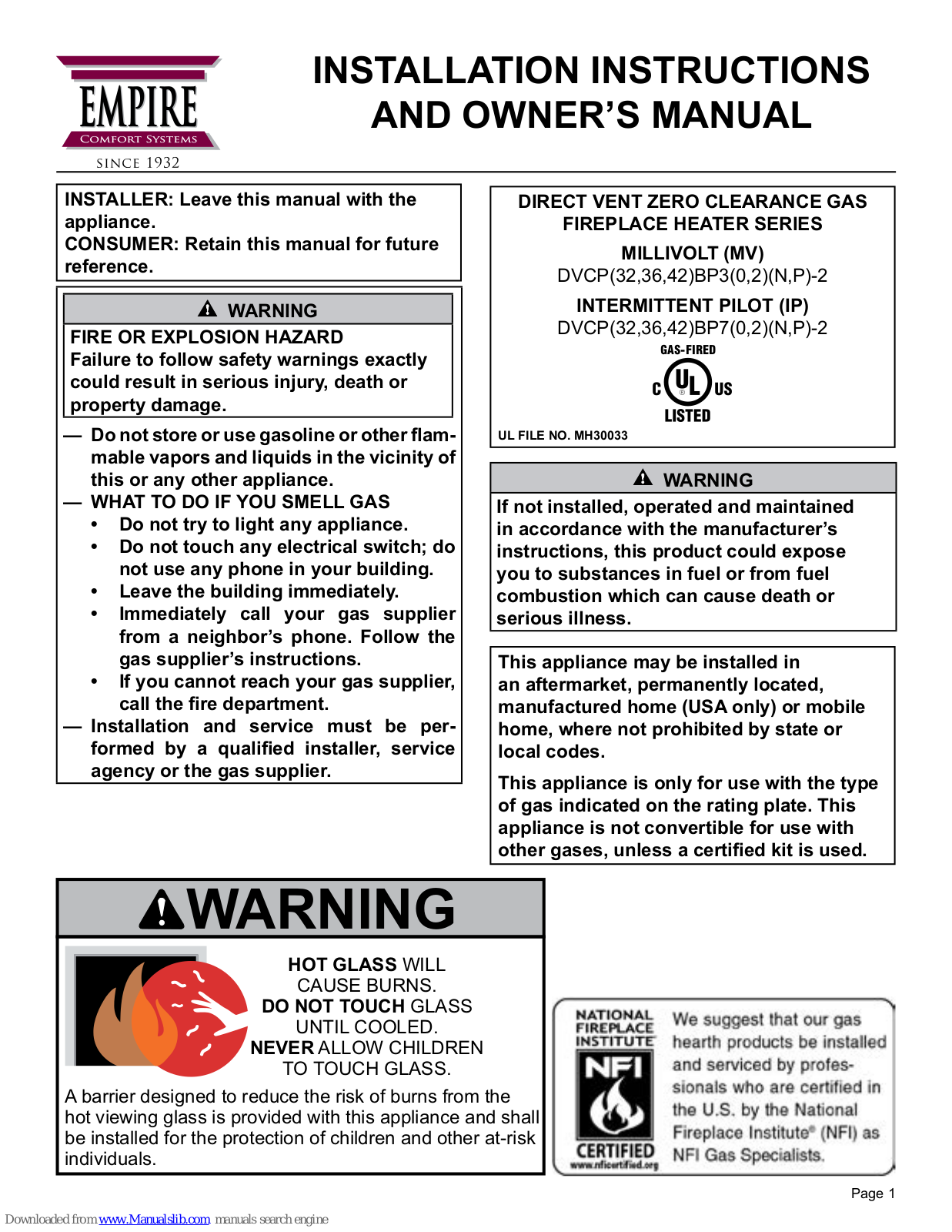 Empire Comfort Systems DVCP32BP30N-2, DVCP32BP70N-2, DVCP36BP70N-2, DVCP42BP72P-2, DVCP42BP32P-2 Installation Instructions And Owner's Manual