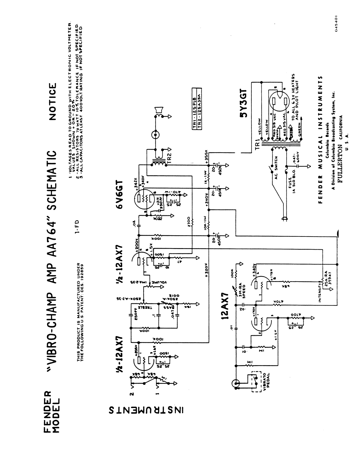 Fender Vibro-Champ-AA764 Schematic