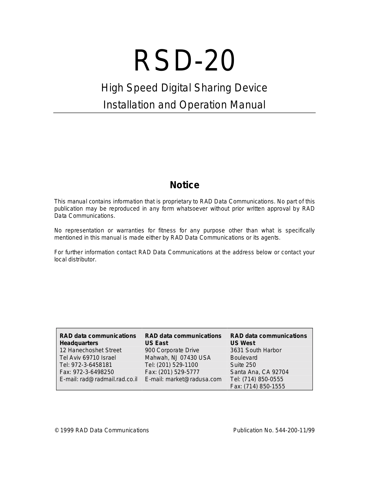 RAD Data comm RSD-20 User Manual