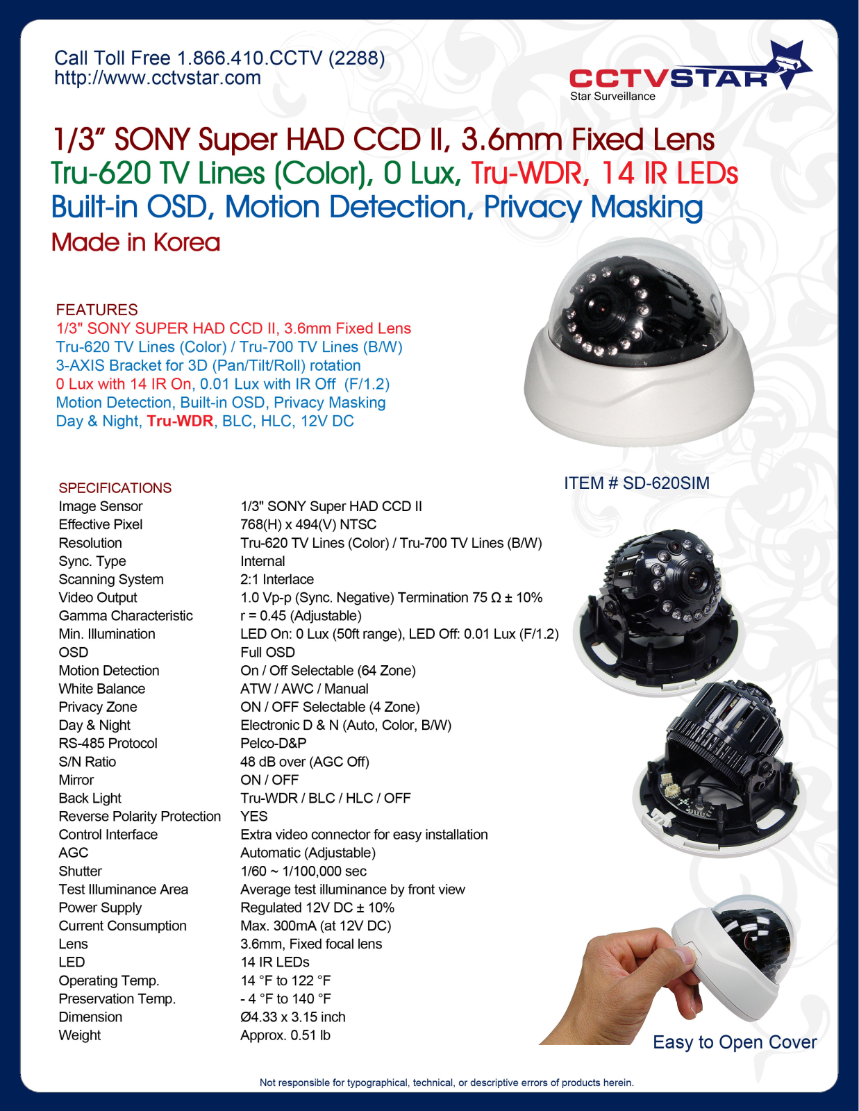 CCTV Star SD-620SIM, SD-620SIM-B Specsheet - ManualMachine.com