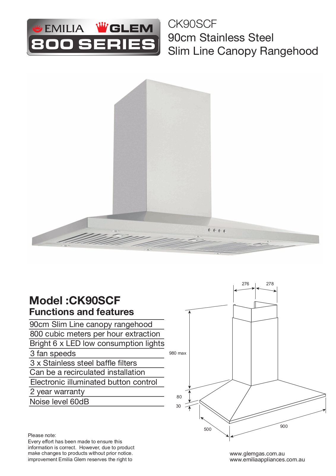 Emilia CK90SCF Specifications Sheet