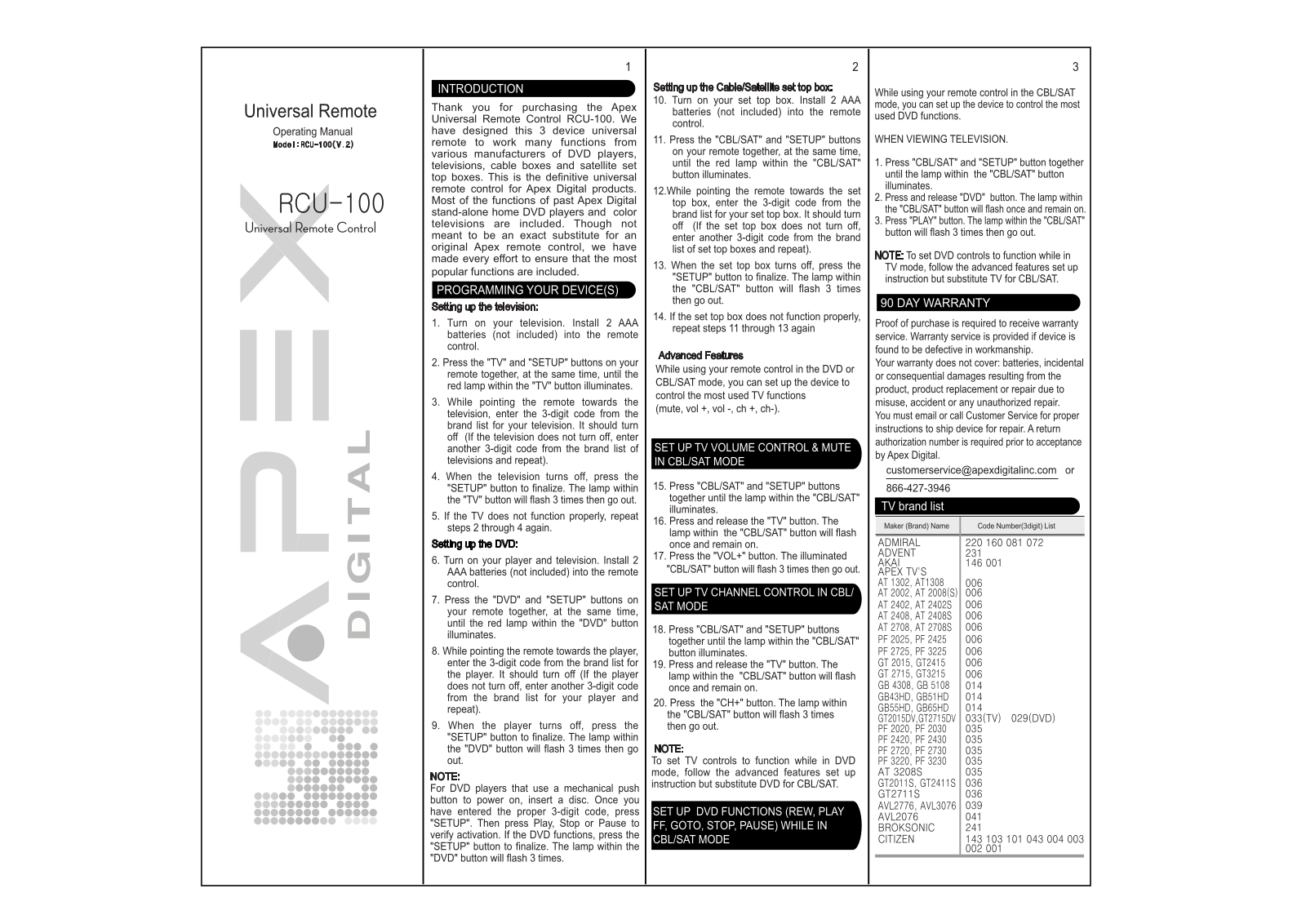 APEX Digital RCU-100 User’s Guide