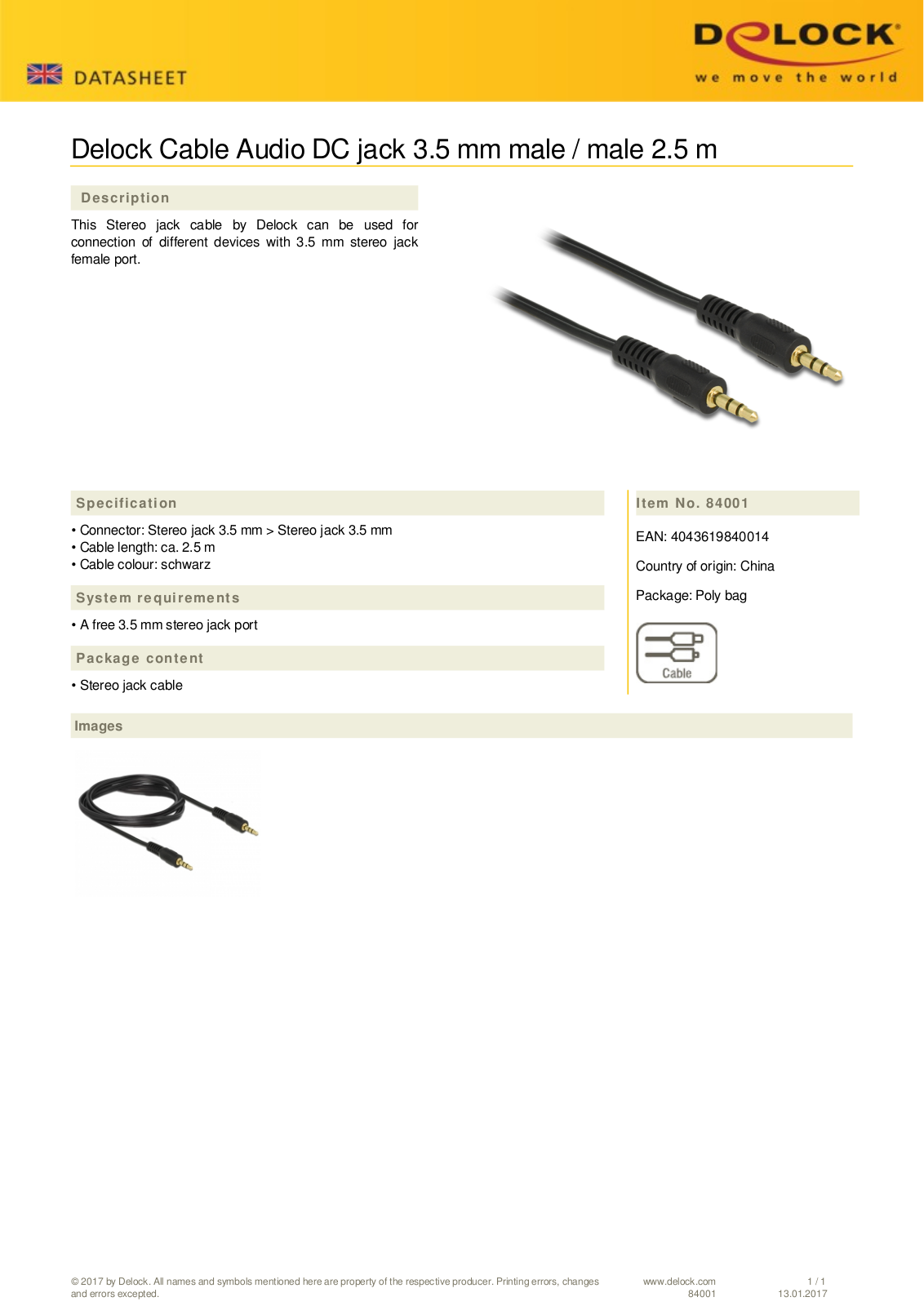 DeLOCK 3.5mm jack cable 2.5m User Manual