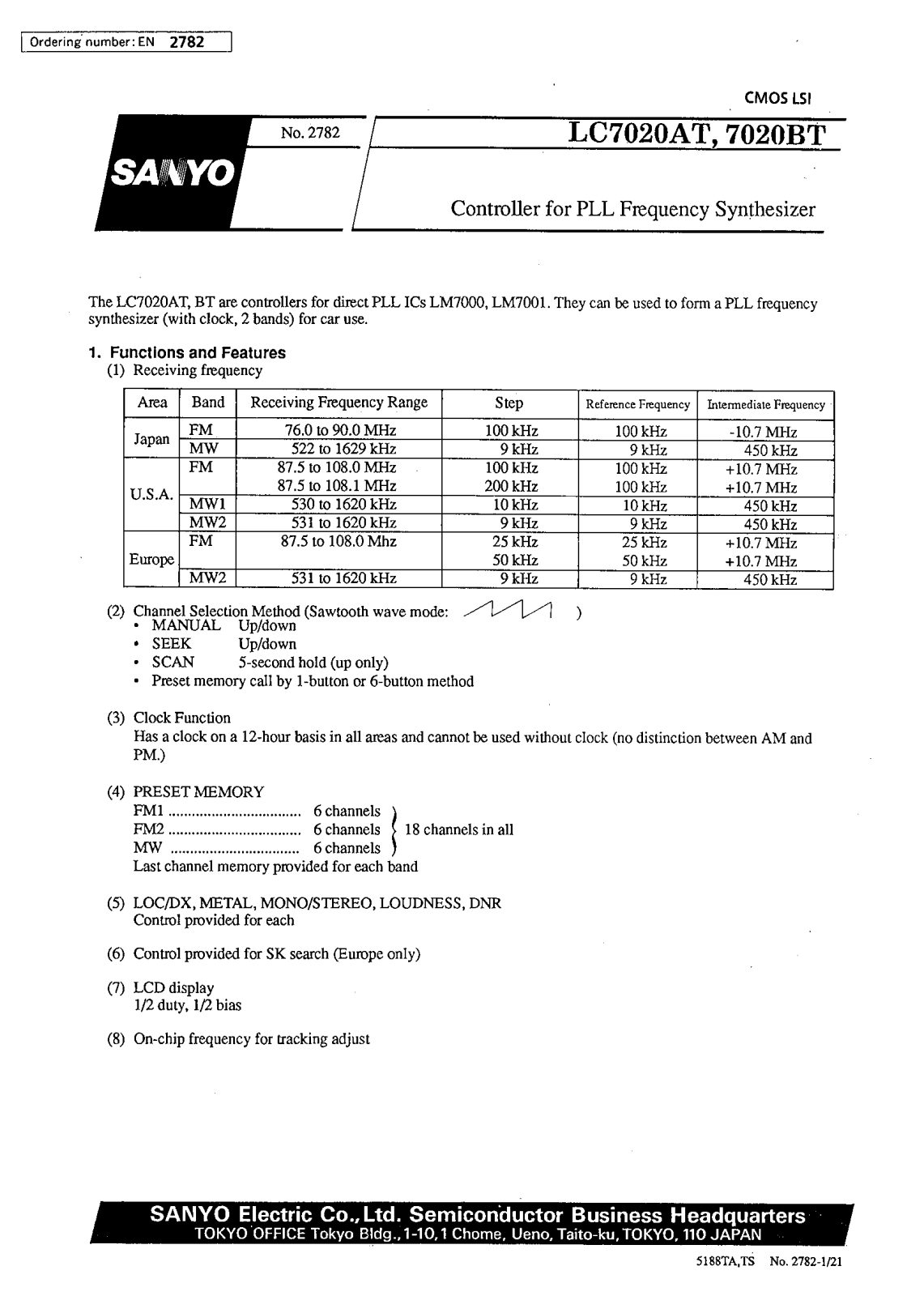 SANYO LC7020BT, LC7020AT Datasheet