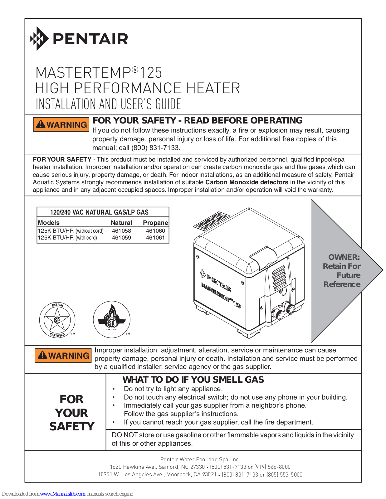 Pentair MASTERTEMP 125, 461058, 461059, 461060, 461061 Installation And User Manual