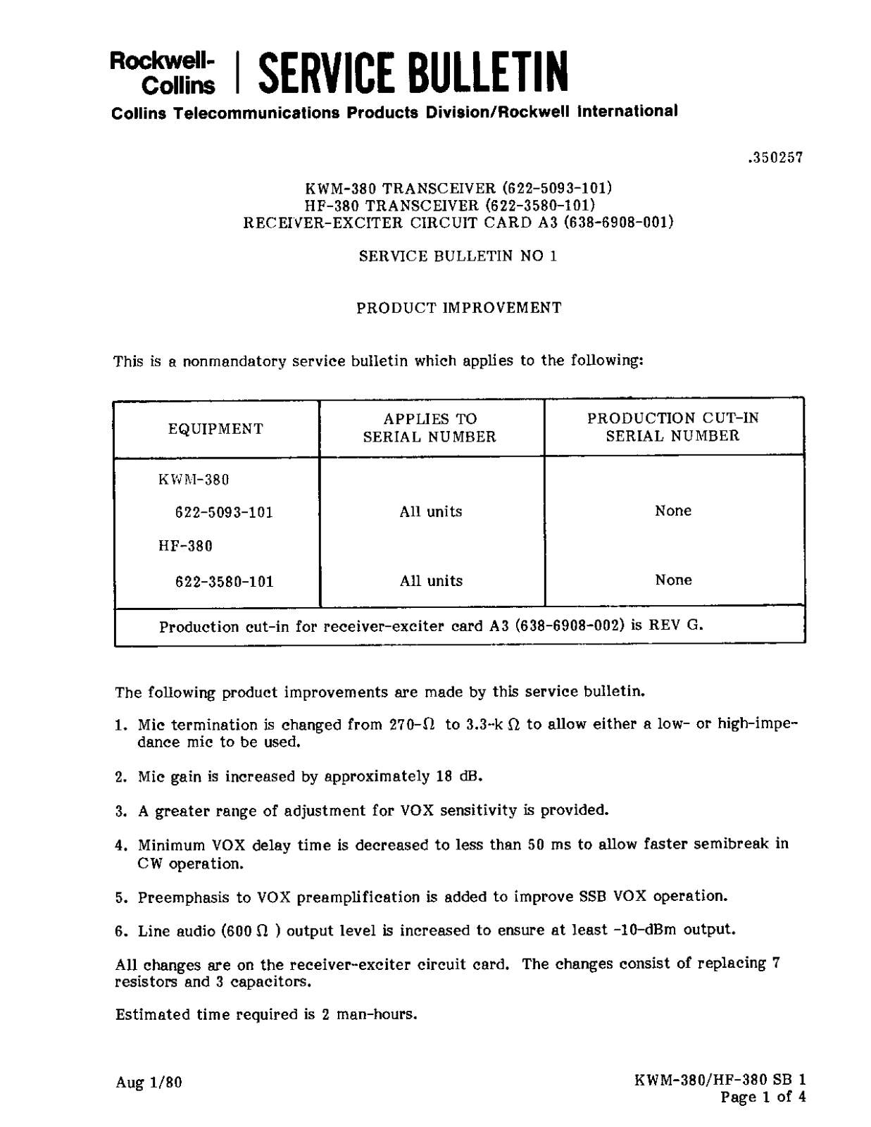 Rockwell-Collins HF-380, KWM-380 Service Manual Supplement