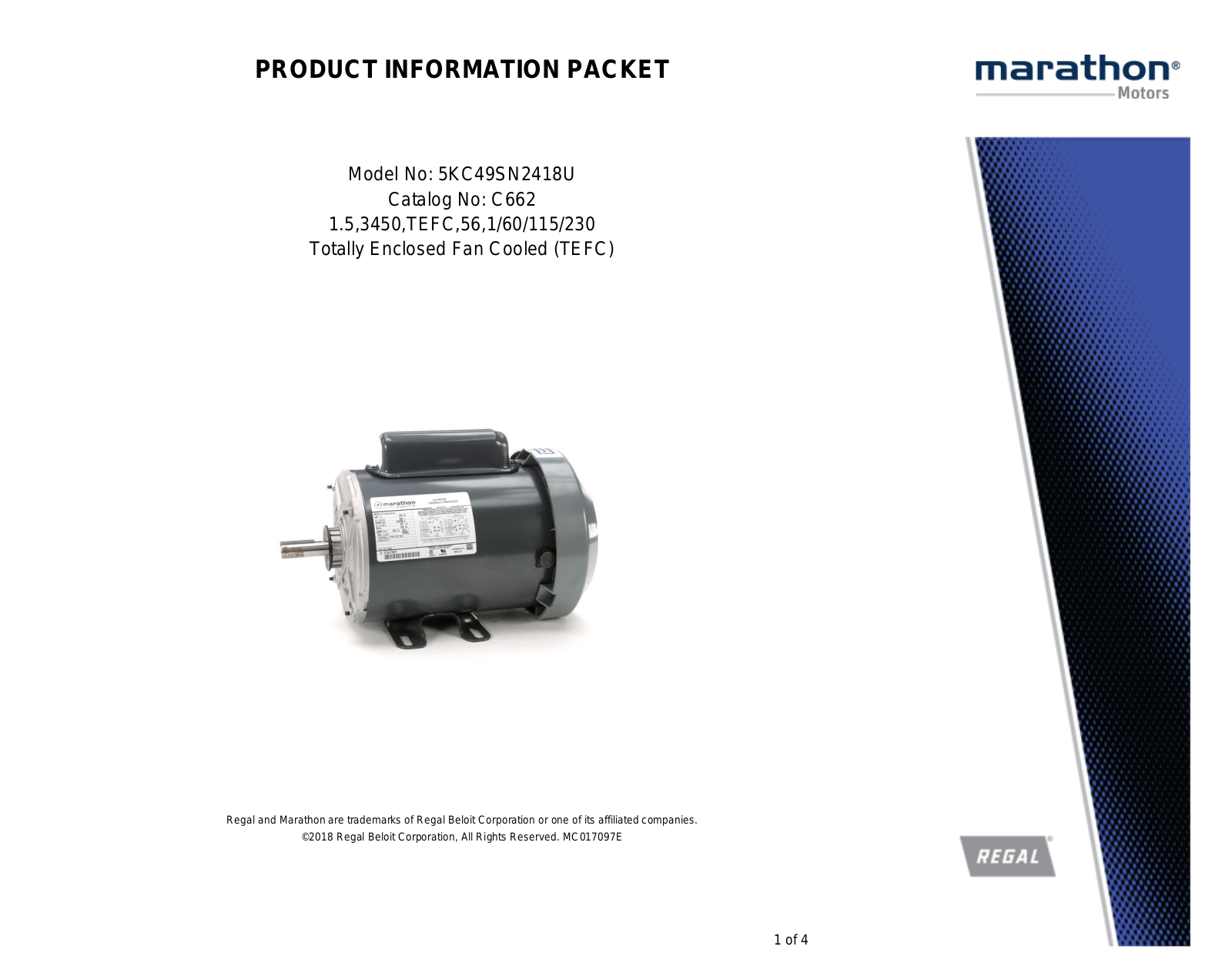 Marathon Electric 5KC49SN2418U Product Information Packet