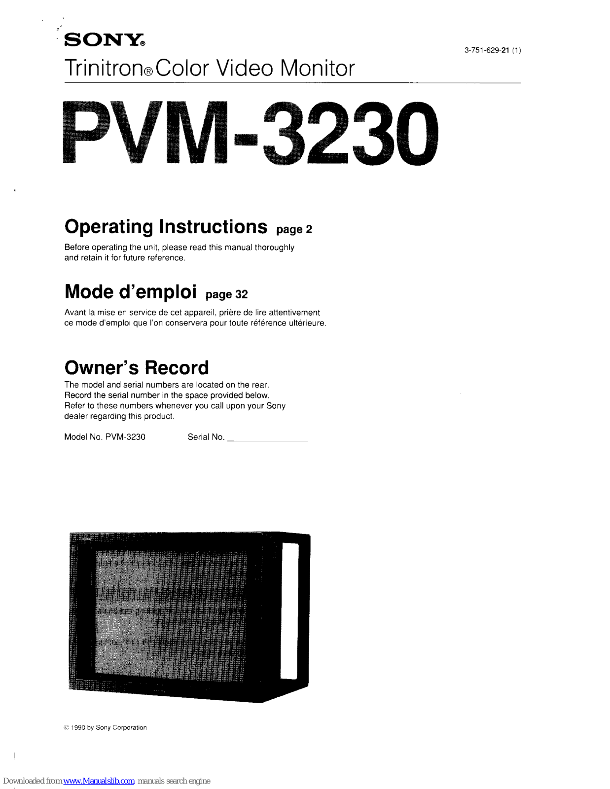 Sony Trinitron PVM-3230 Operating Instructions Manual