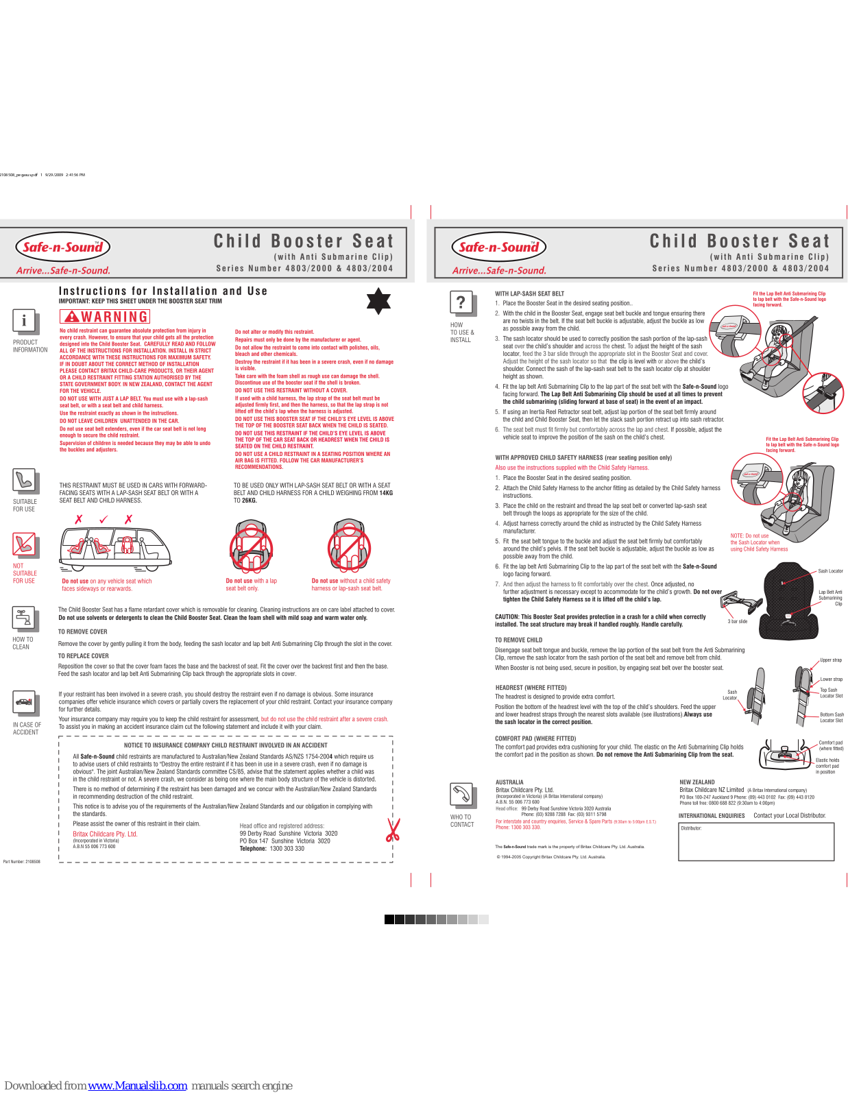 Britax PEGASUS DLX, Safe-n-Sound 4803/2000 Series, Safe-n-Sound 4803/2004 Series User Manual