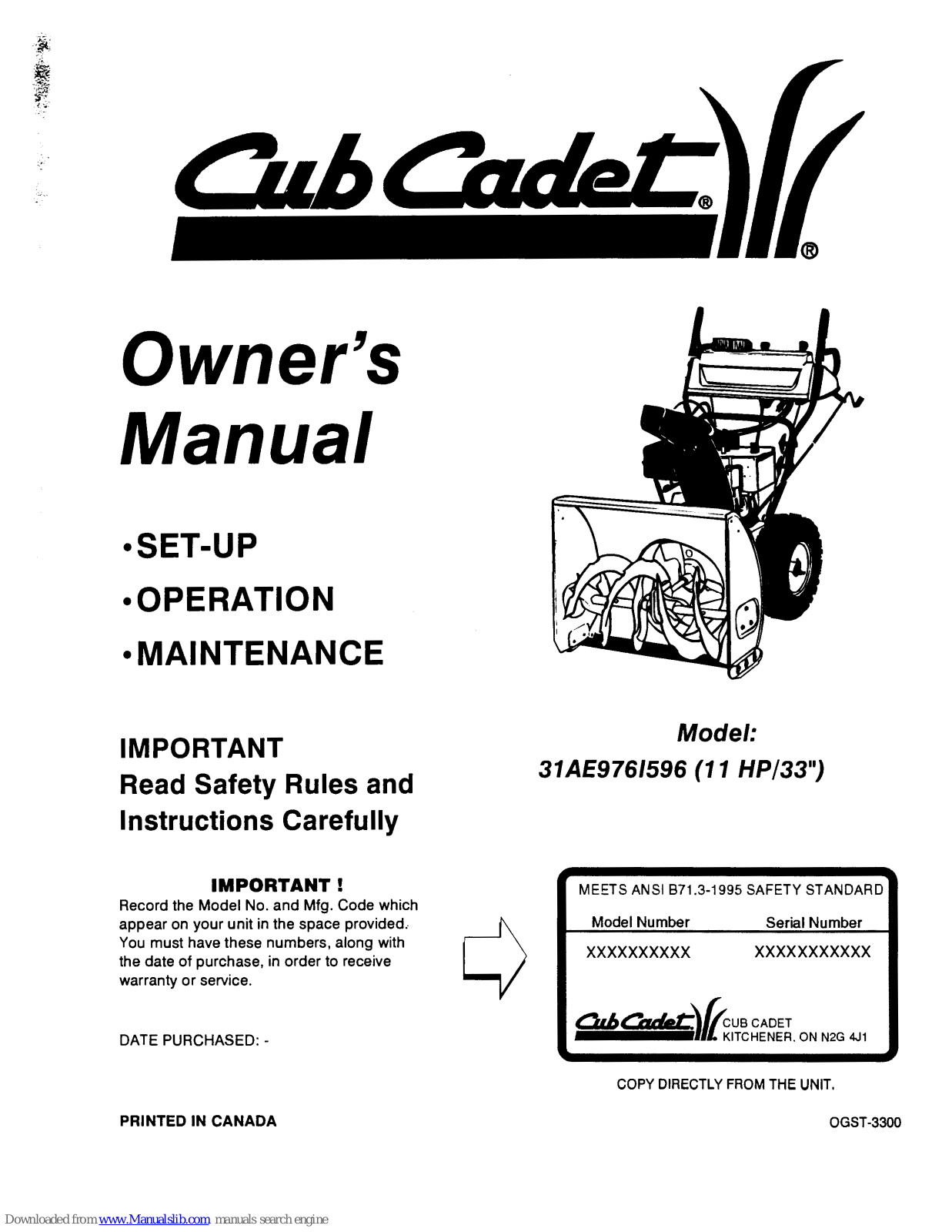 Cub Cadet 31AE976I596 Owner's Manual