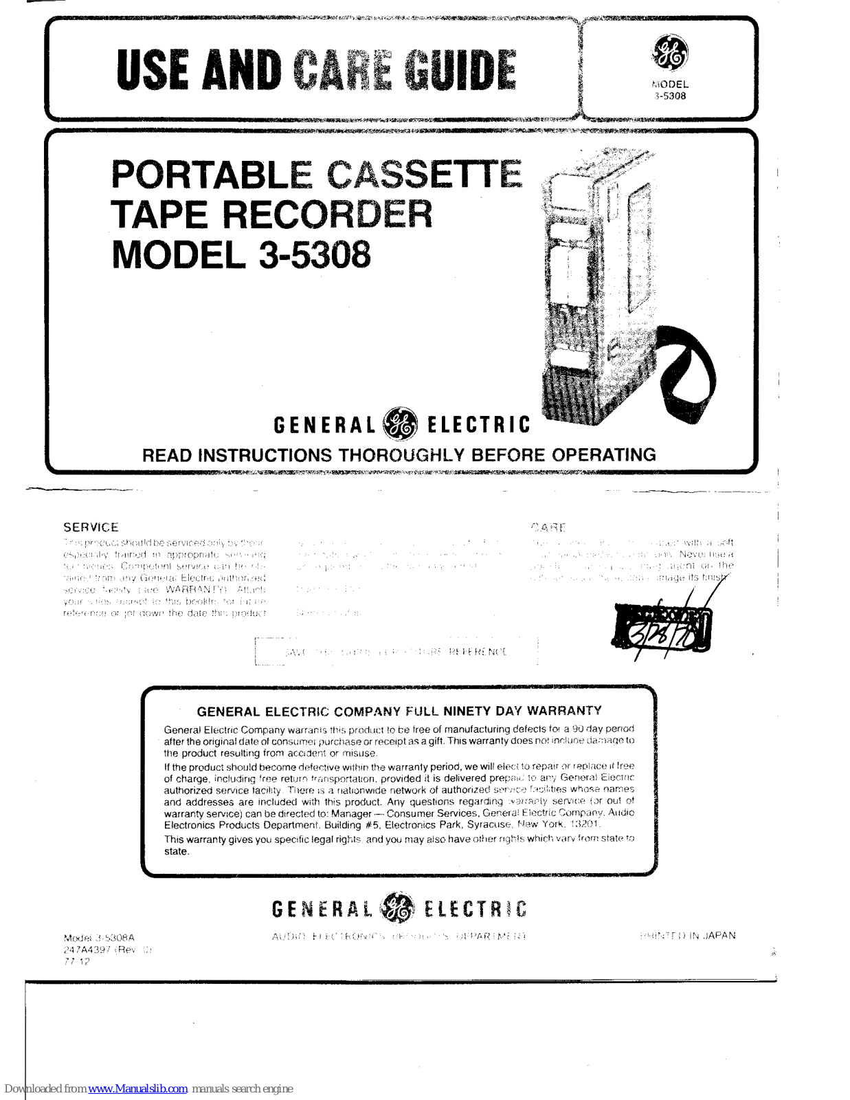 GE 3-5308 Use And Care Manual