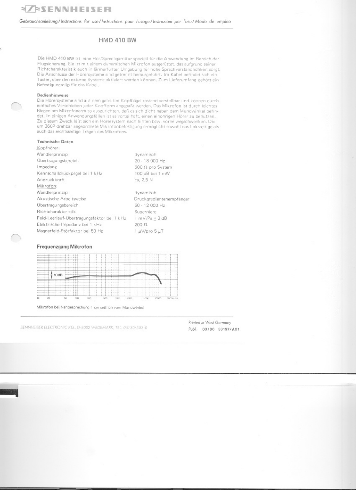 Sennheiser HMD 410 BW Instruction Manual