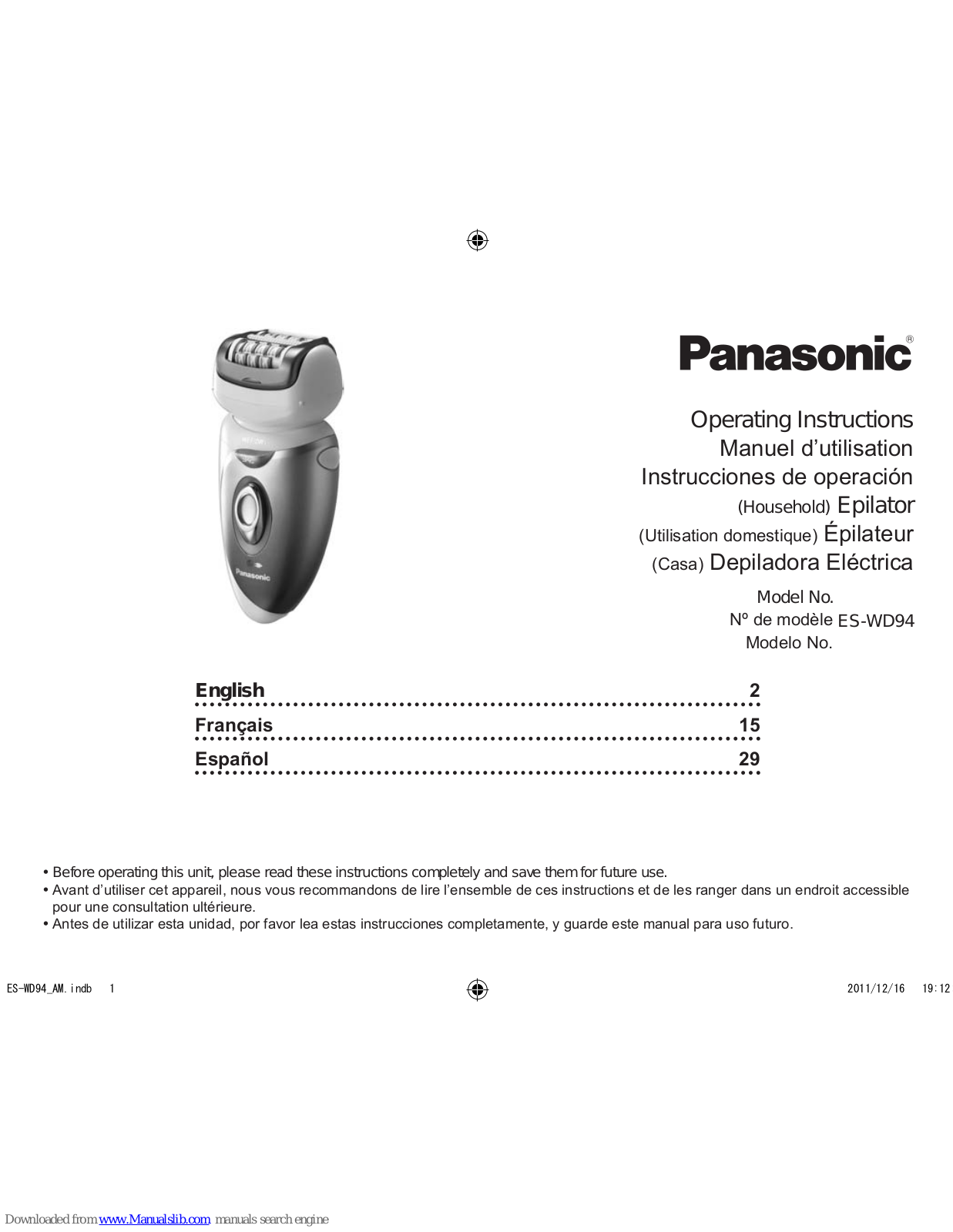 Panasonic ES-WD94-P, ES-WD94 Operating Instructions Manual