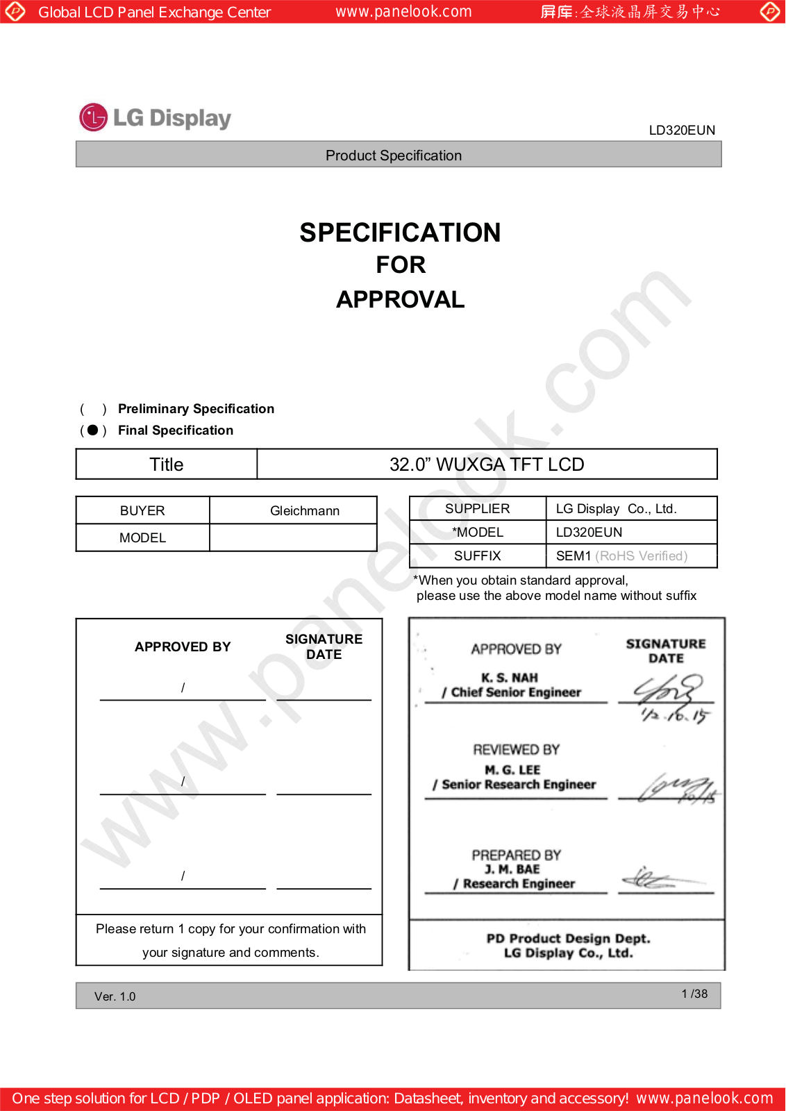 LG Display LD320EUN-SEM1 Specification