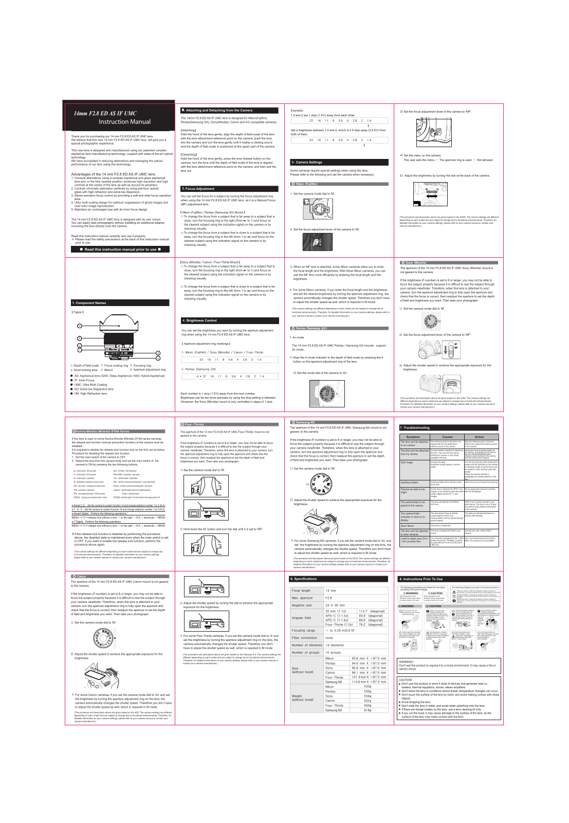 Samyang SY14M-S, SY14M-O, SY14M-P, SY14MAE-N, SY14M-C User manual