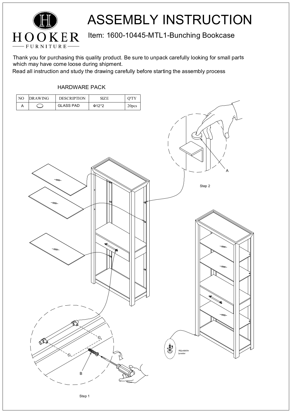 Hooker Furniture 160010445MTL1 Assembly Guide