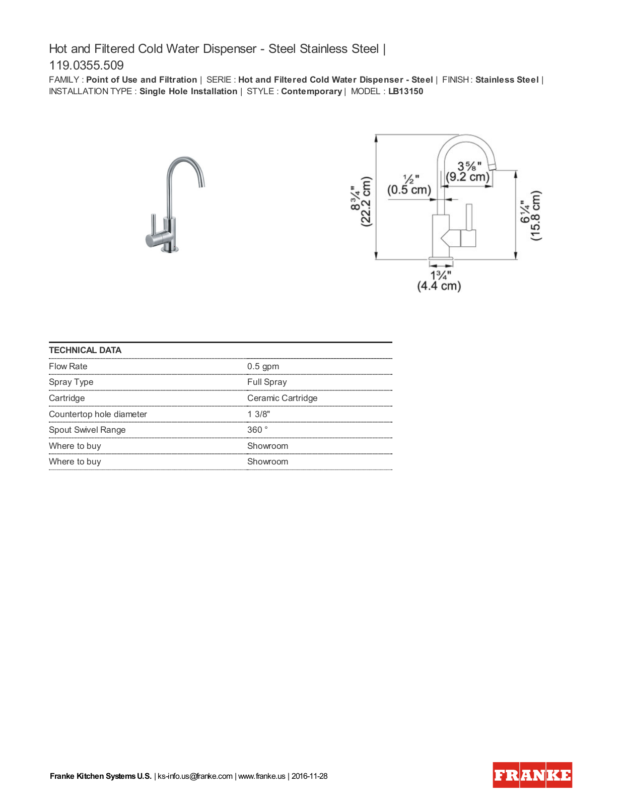 Franke LB13150 Specification Sheet