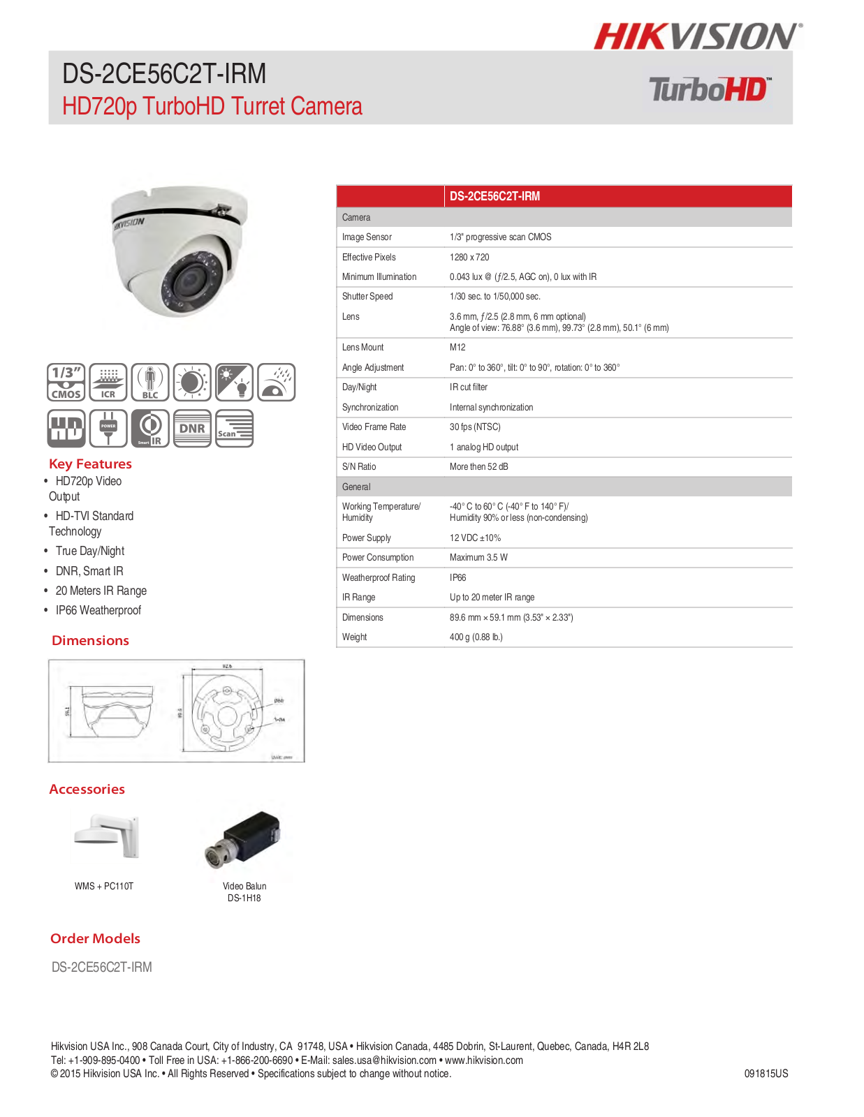 Hikvision DS-2CE56C2T-IRM-2-8MM, DS-2CE56C2T-IRM-3-6MM, DS-2CE56C2T-IRM-6 Specsheet