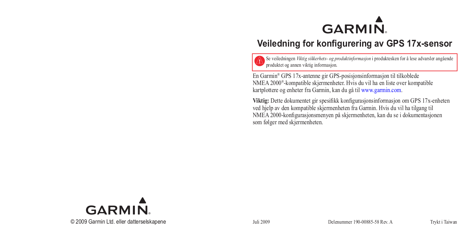 Garmin GPS 17x NMEA 2000 Quick Start Guide