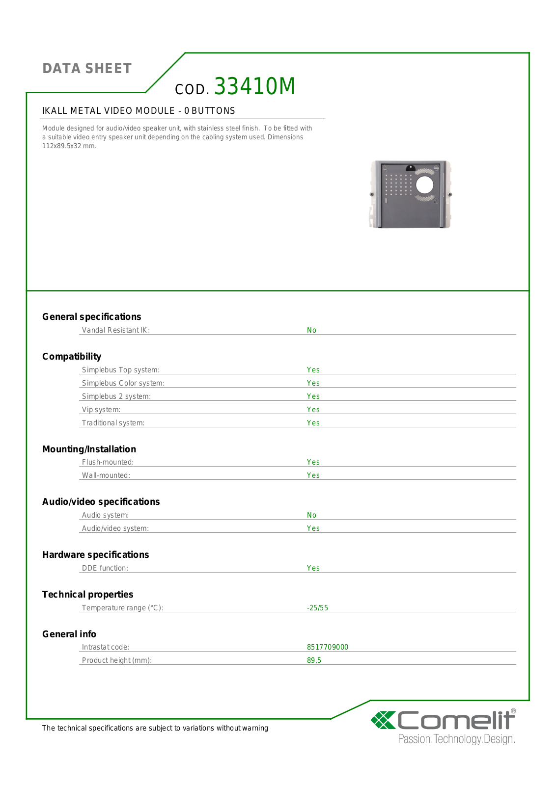 Comelit 33410M Specsheet - ManualMachine.com