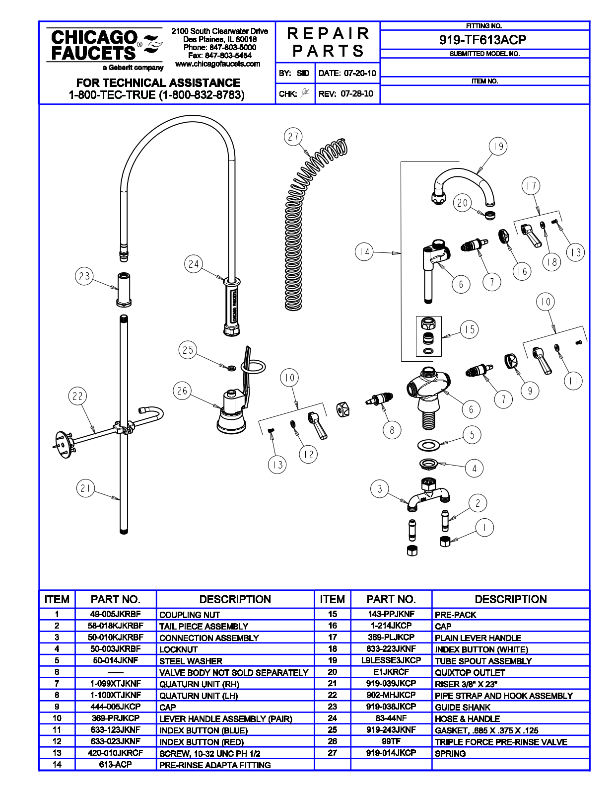 Chicago Faucet 919-TF613ACP Parts List