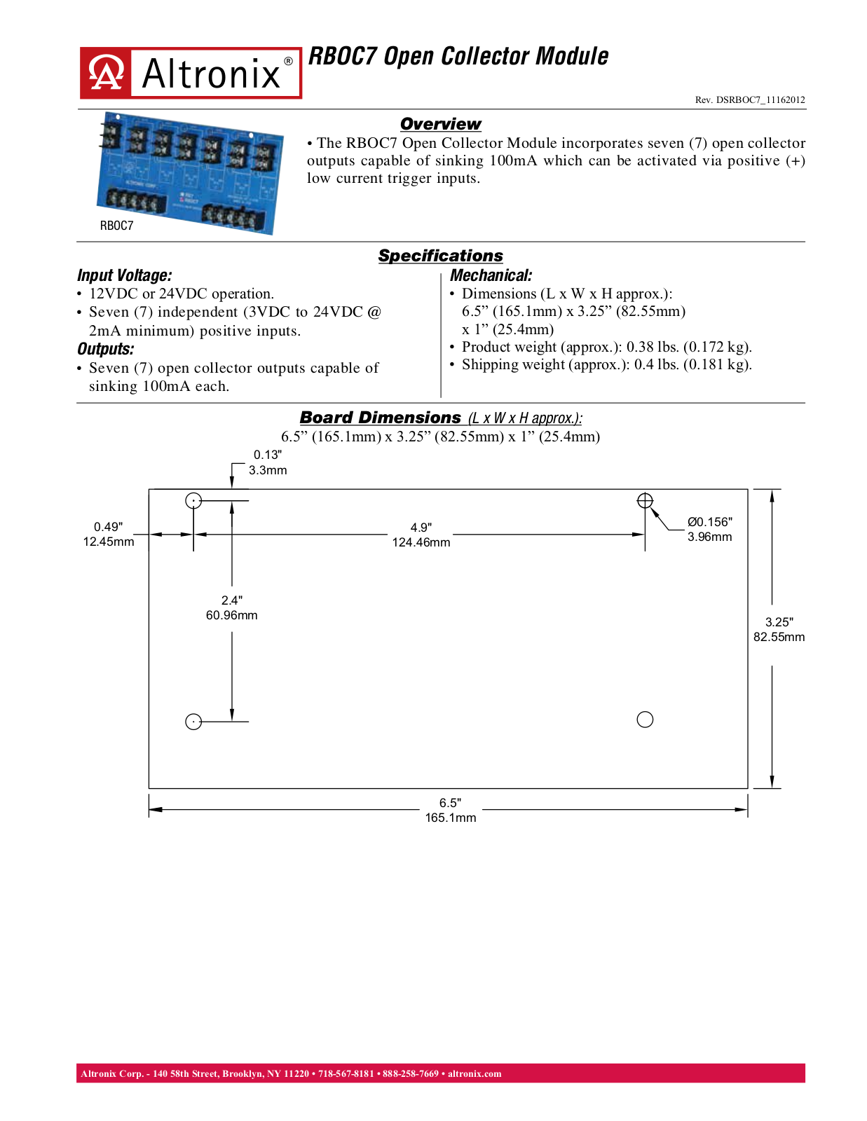 Altronix RBOC7 Data Sheet