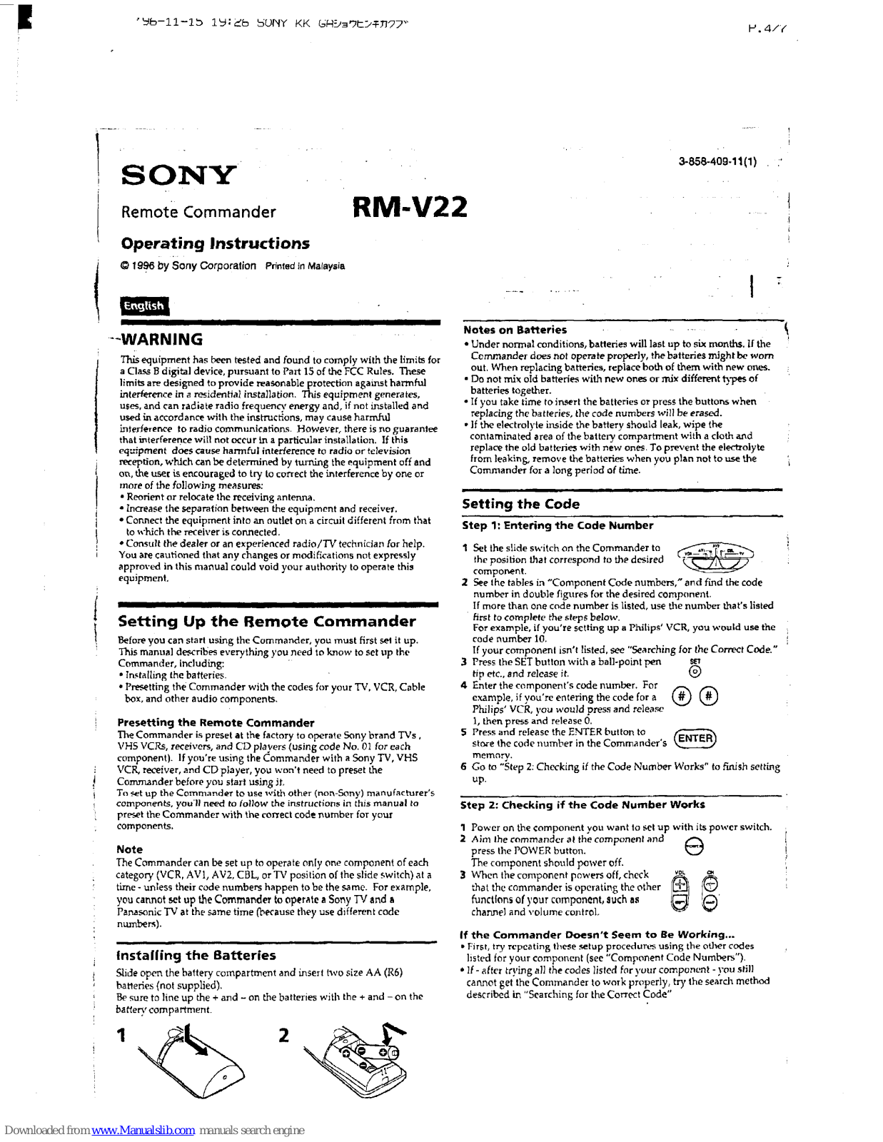 Sony Remote Commander RM-V22 Operating Instructions Manual