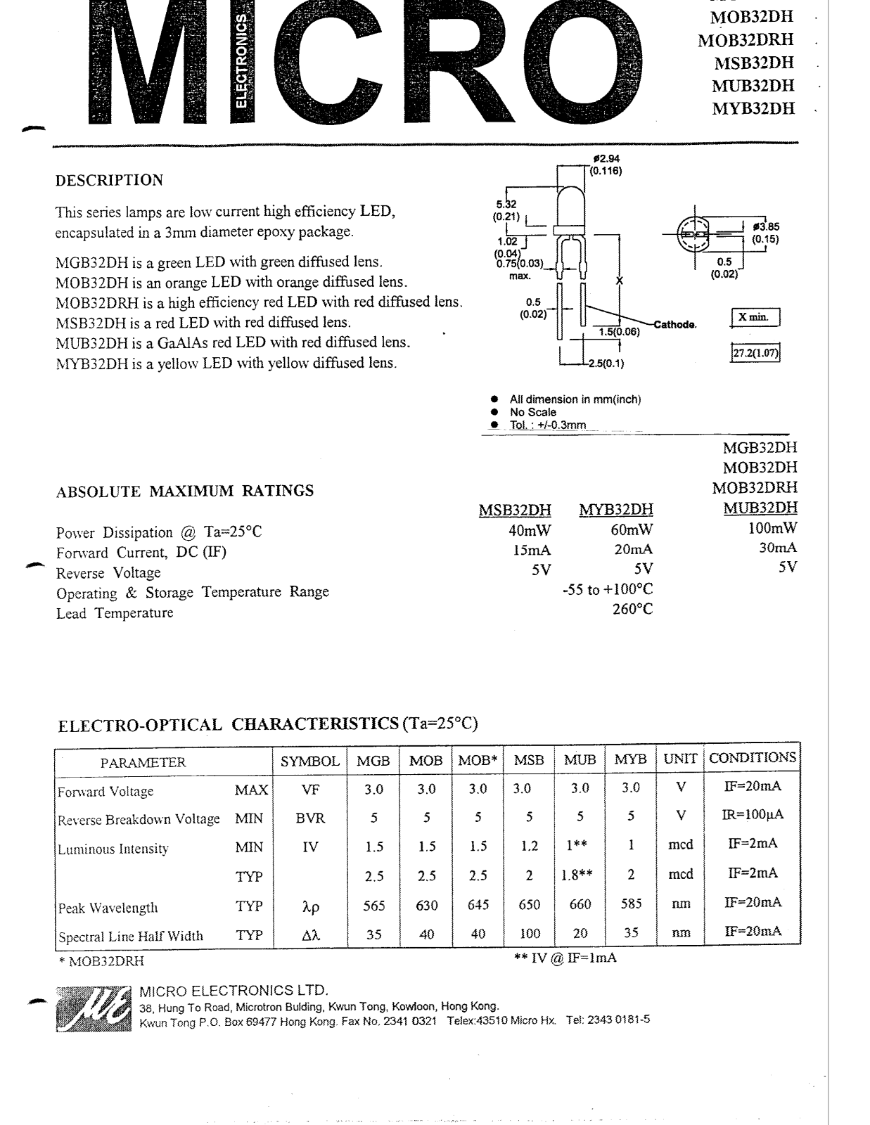 MICRO MSB32DH, MOB32DH, MYB32DH, MGB32DH, MUB32DH Datasheet