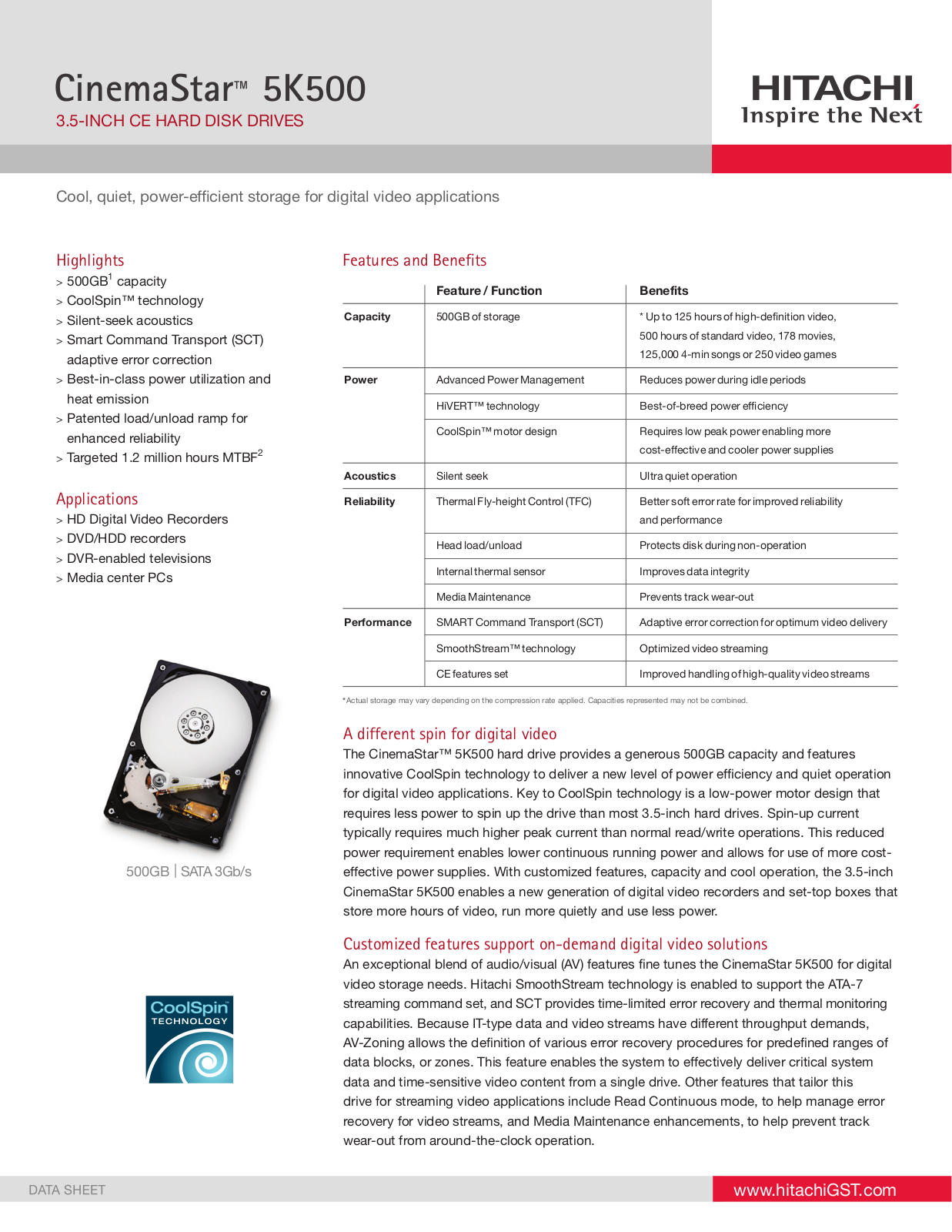 Hitachi CINEMASTAR 5K500 DATASHEET