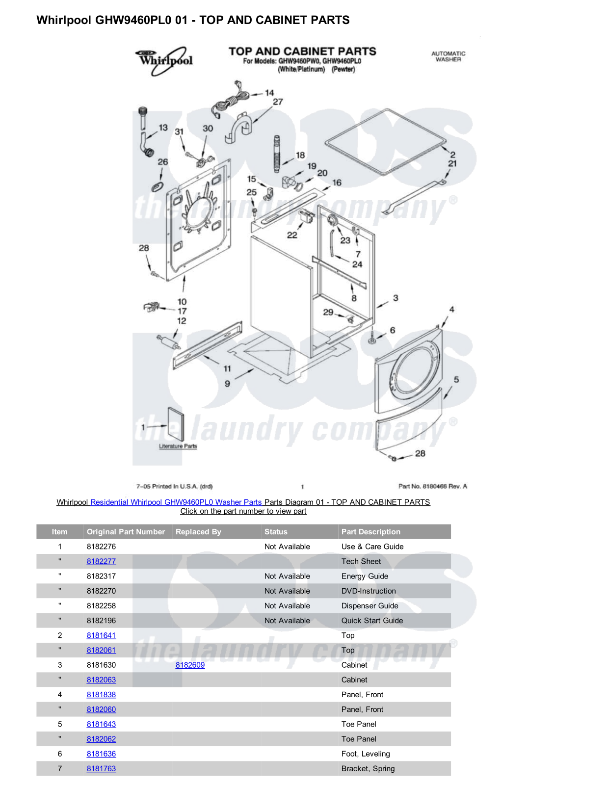 Whirlpool GHW9460PL0 Parts Diagram