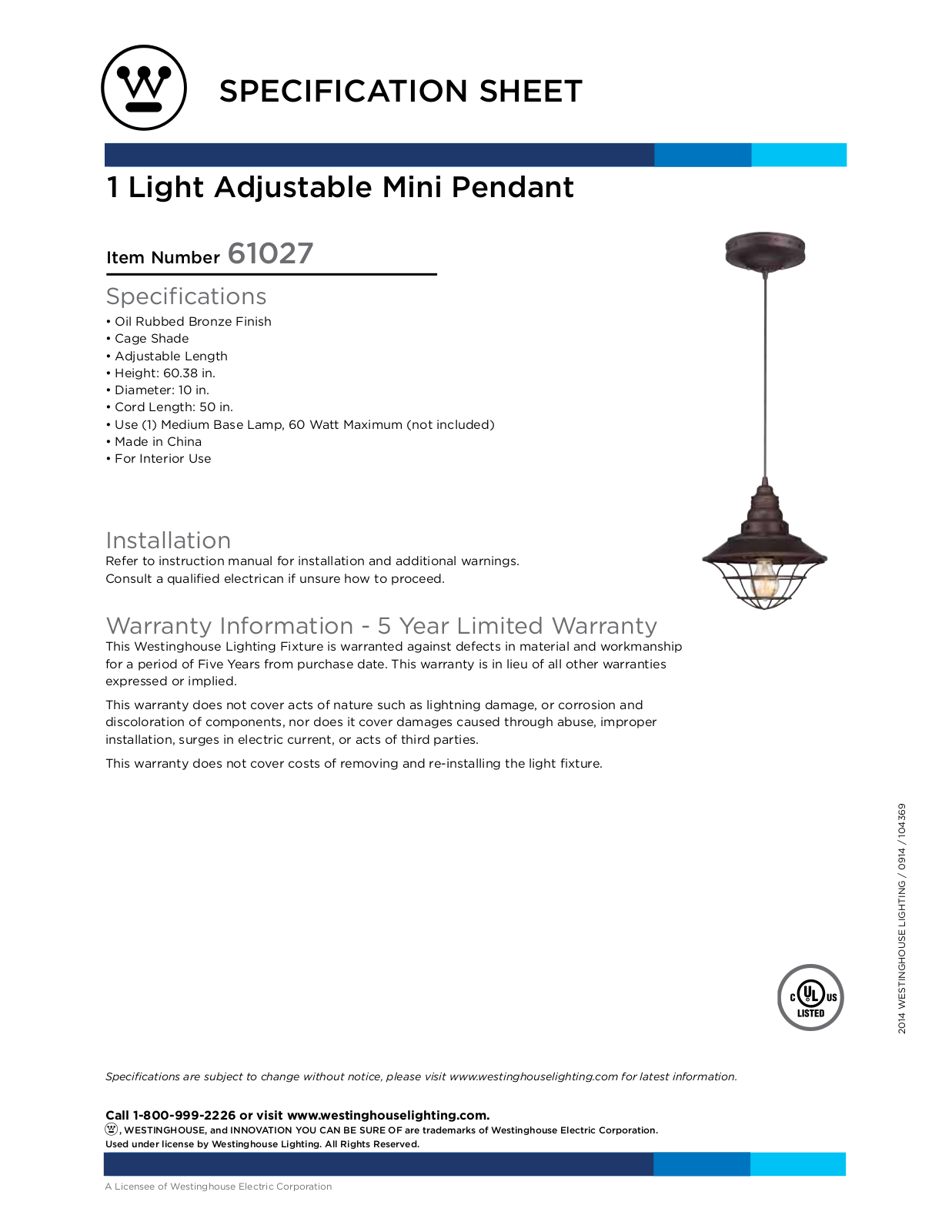 Westinghouse 6102700 Specification