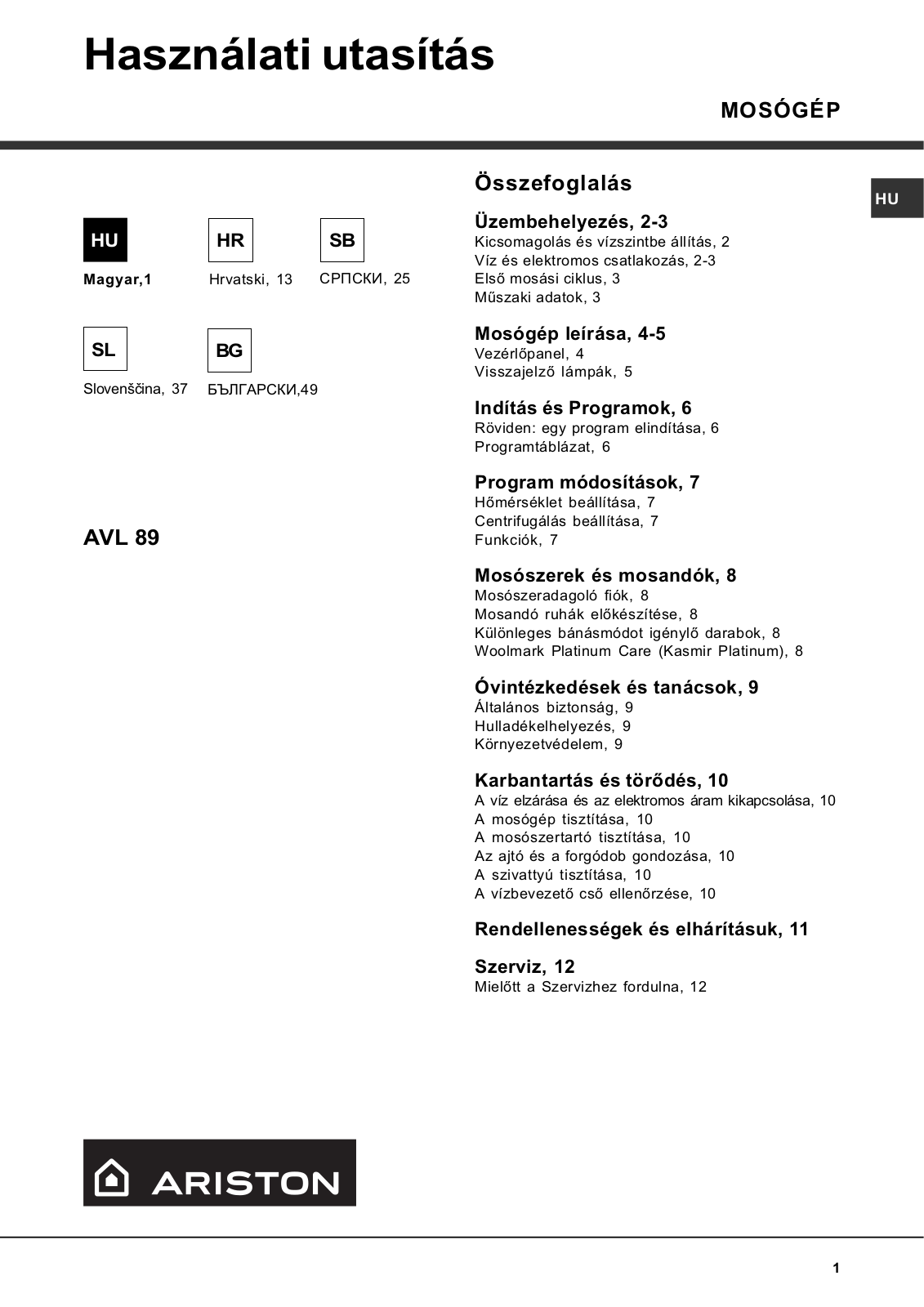 Hotpoint Ariston AVL 89 User Manual