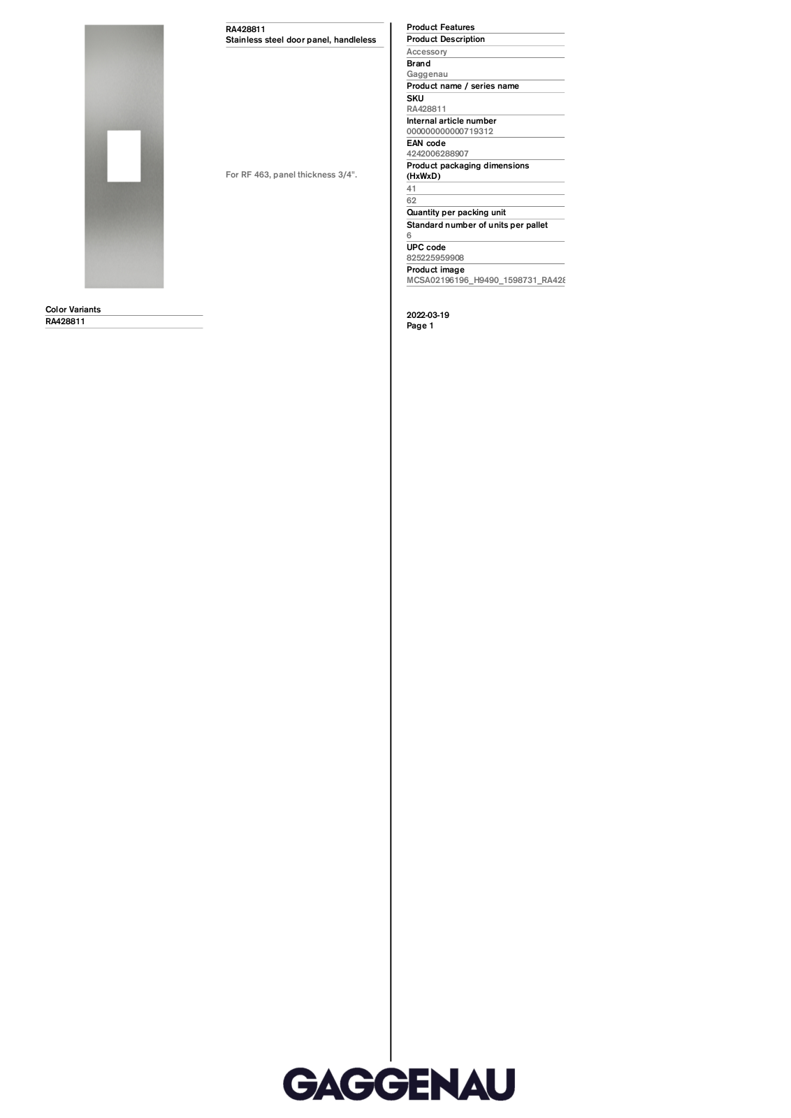 Gaggenau RA428811 Product specification sheet - ManualMachine.com