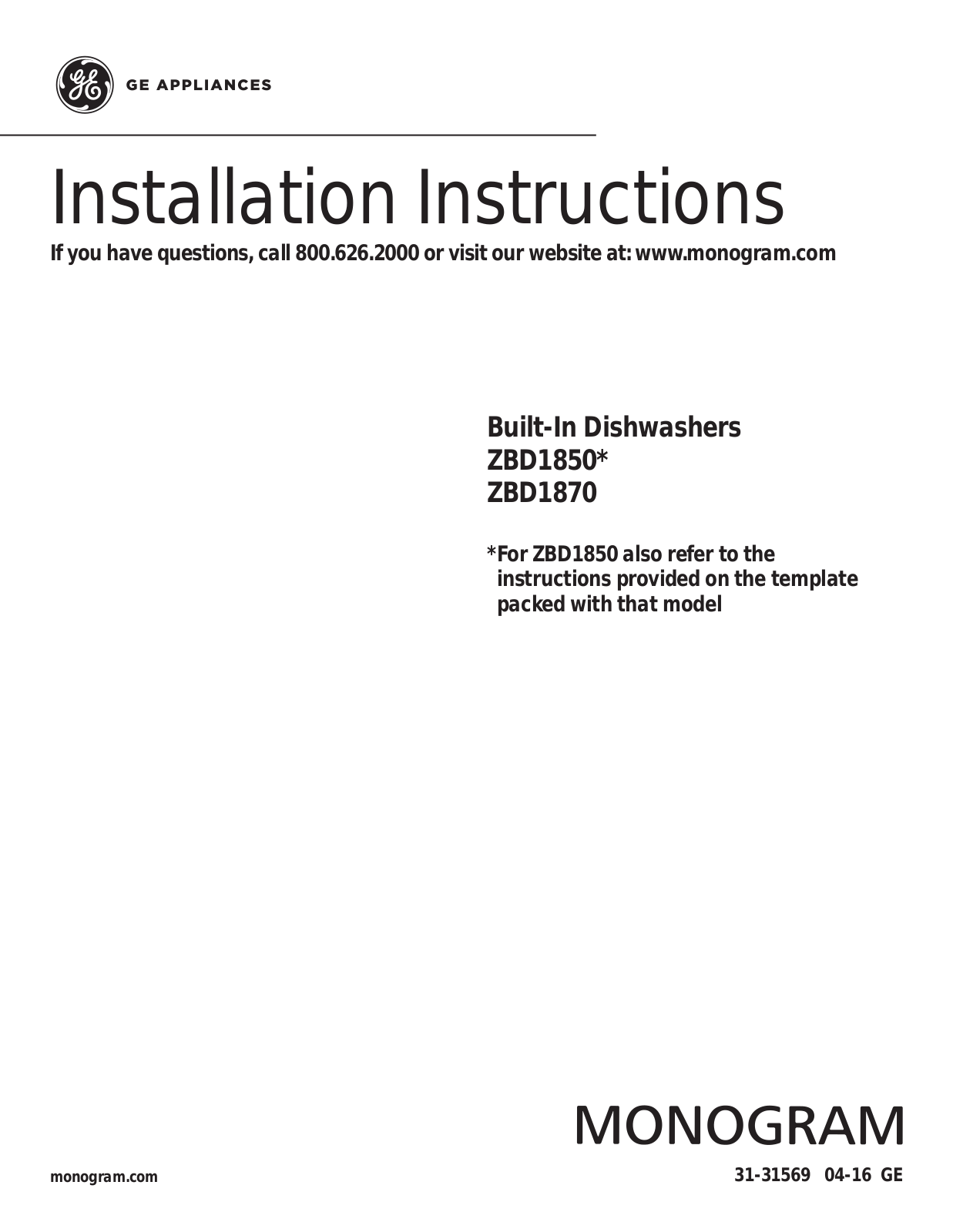 GE ZBD1850N00II, ZBD1850N02II, ZBD1850N03II, ZBD1870N00SS, ZBD1870N02SS Installation Guide