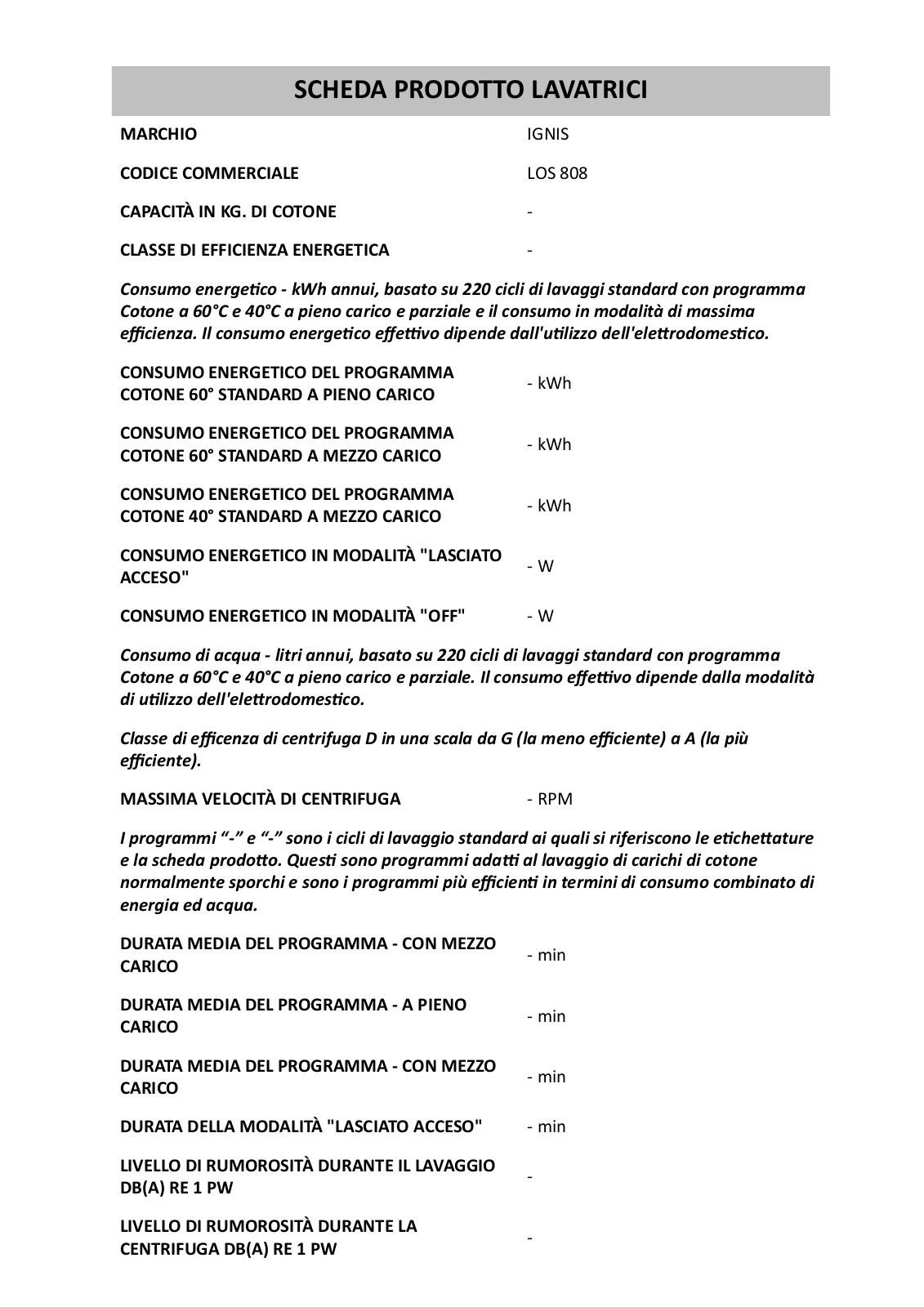 Whirlpool LOS 808 PRODUCT SHEET