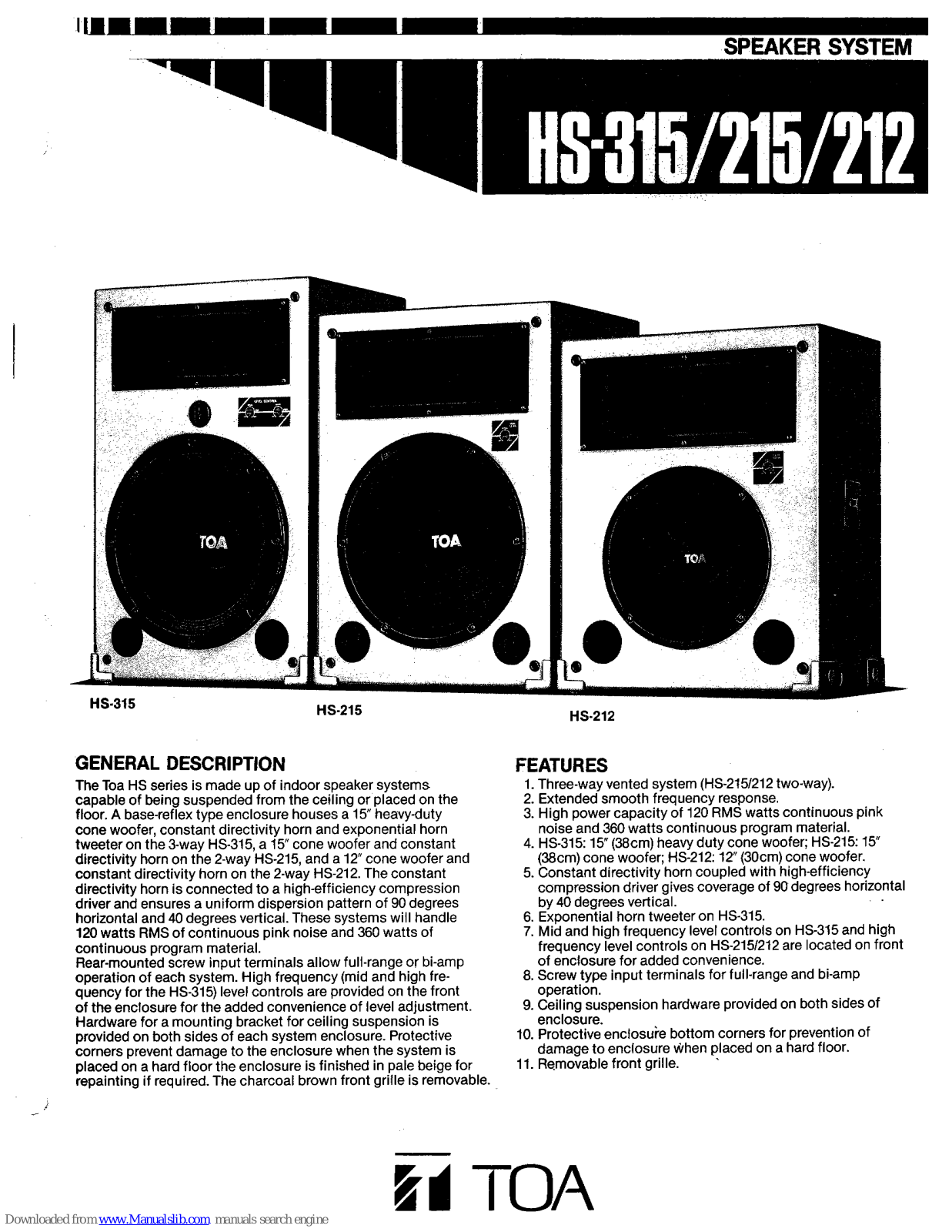 Toa HS-212, HS-315, HS-215 Specification Sheet