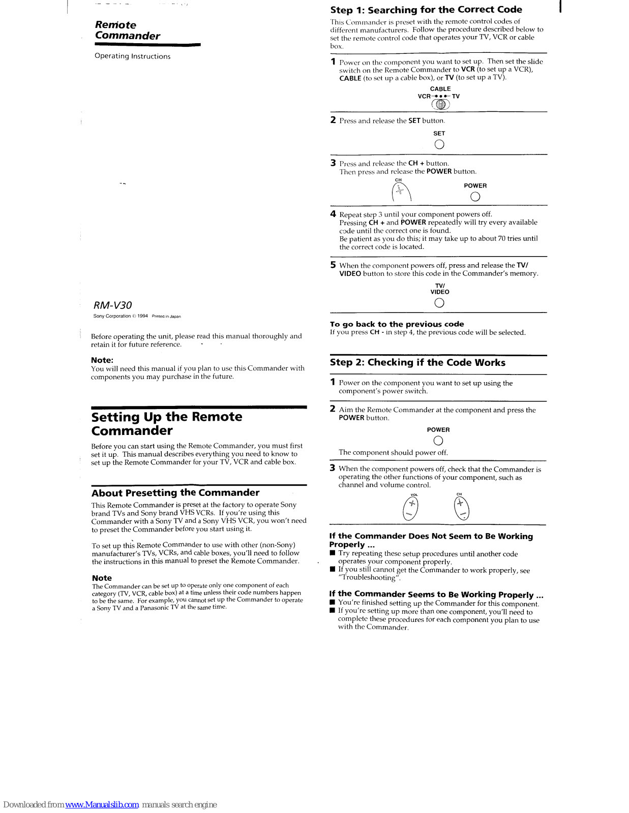 Sony Remote Commander RM-V30 Operating Instructions Manual