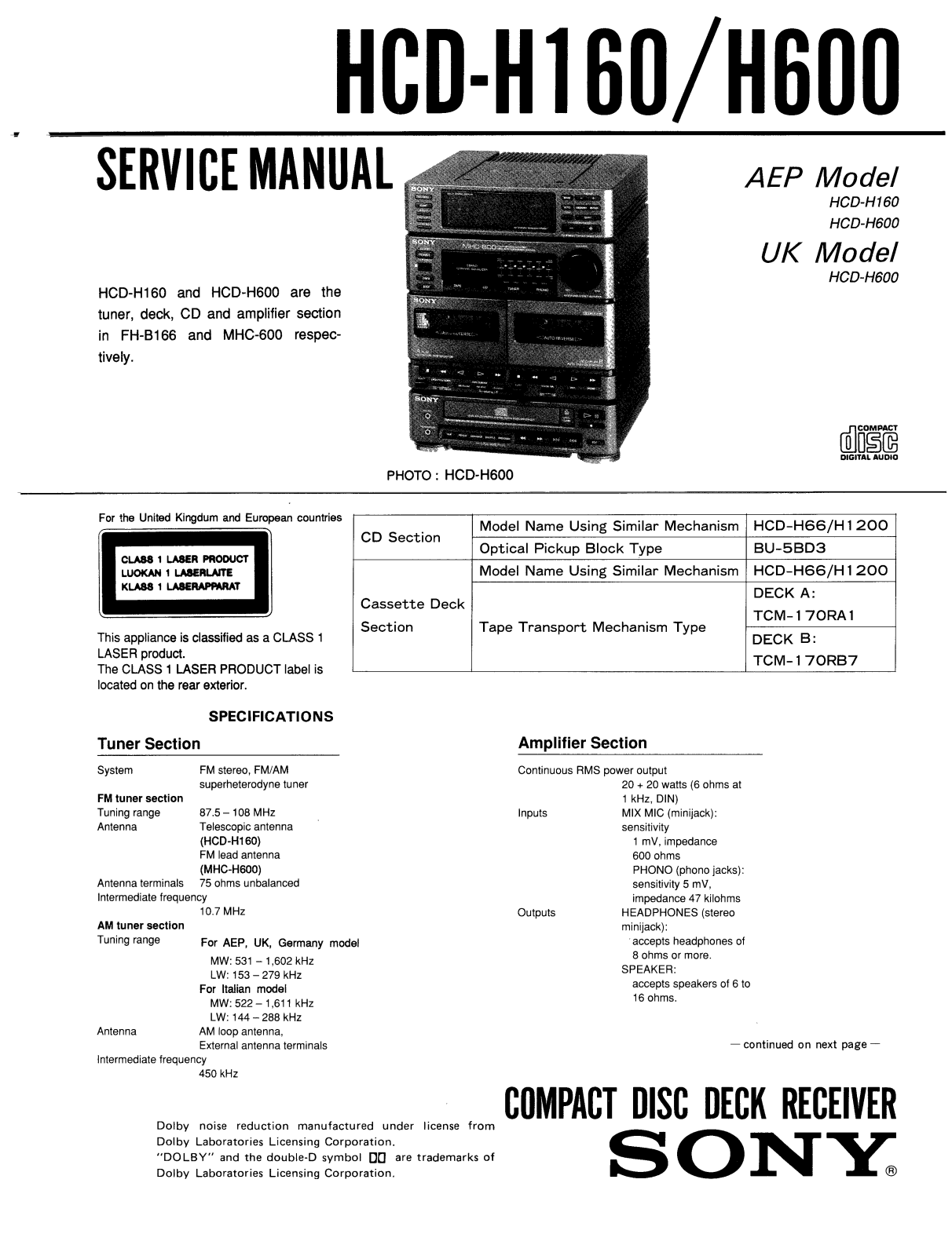 Sony HCDH-160 Service manual