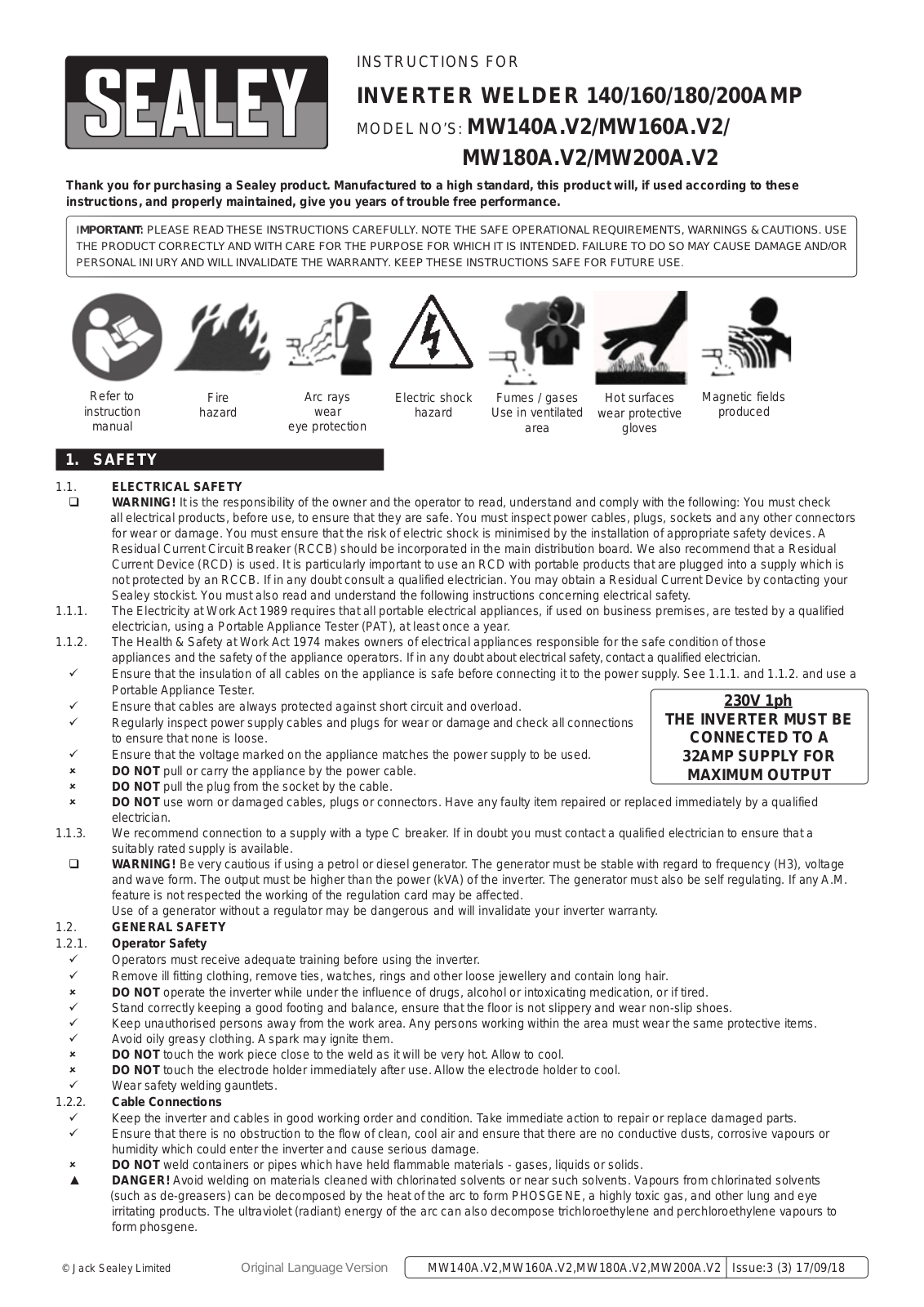 Sealey MW140A.V2, MW160A.V2, MW180A.V2, MW200A.V2 Instruction Booklet