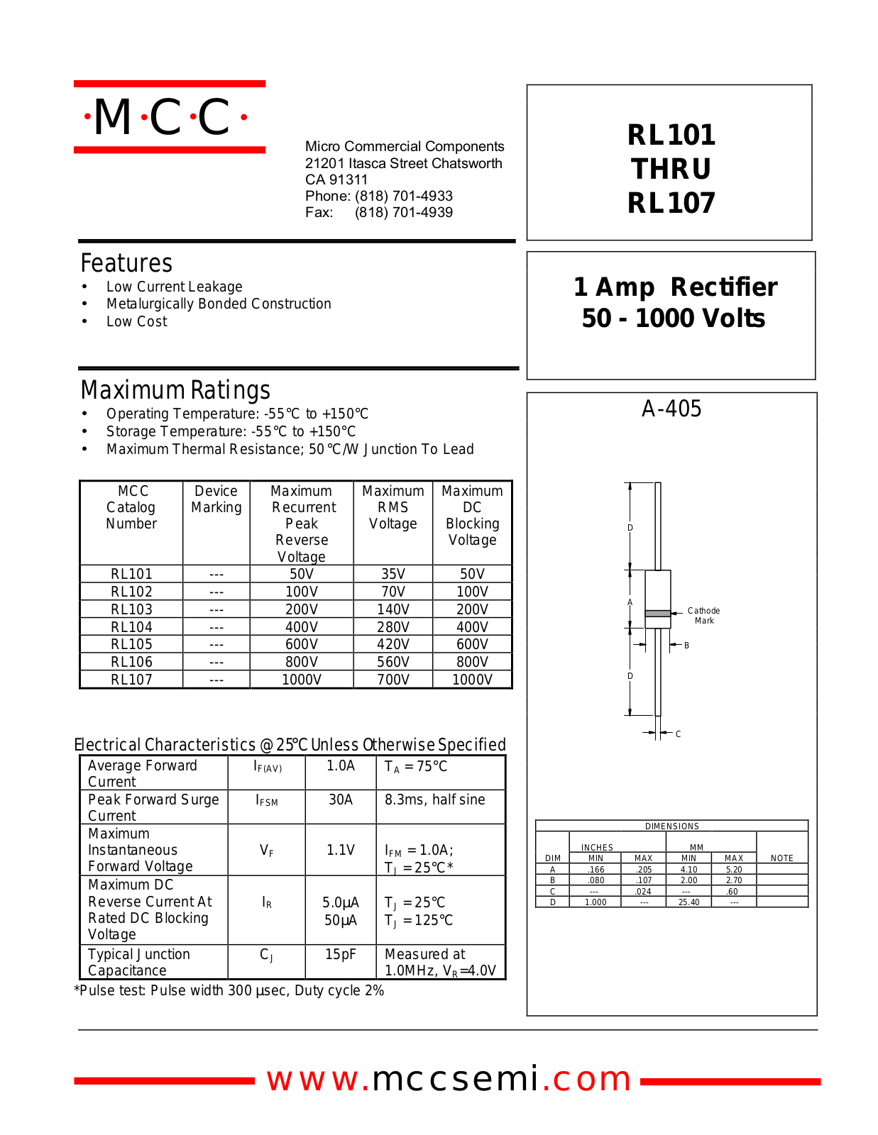 MCC RL101, RL102, RL107, RL104, RL106 Datasheet