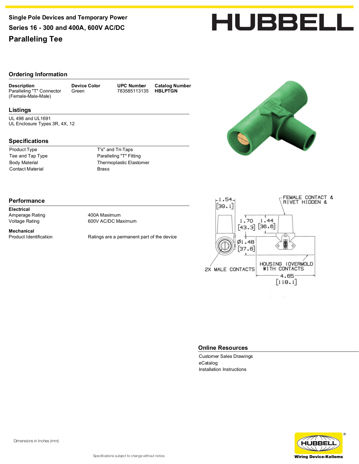 Hubbell HBLPTGN Specifications - ManualMachine.com